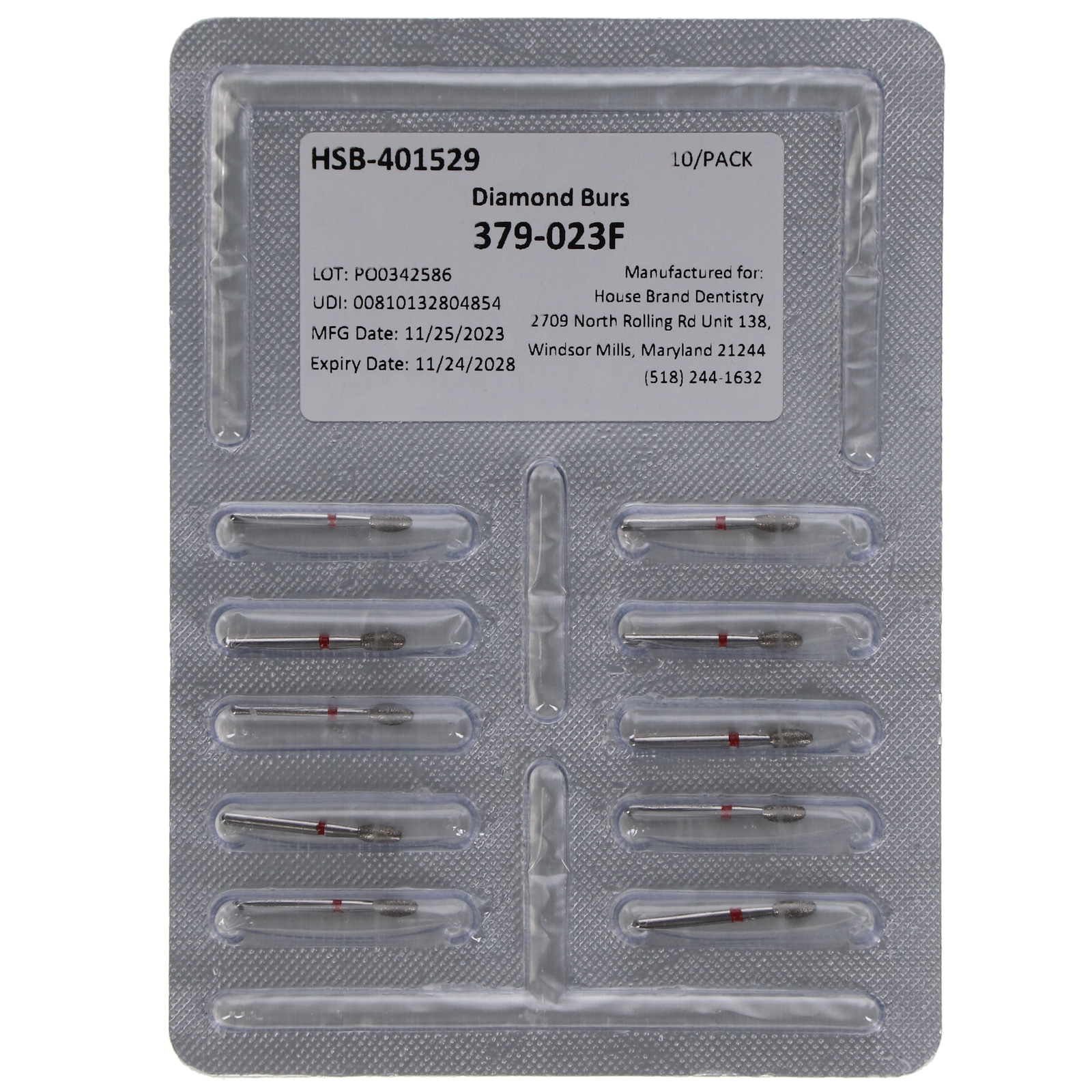 House Brand Dentistry 401529 FG 379-023F Football Fine Grit Diamond Burs 10/Pk