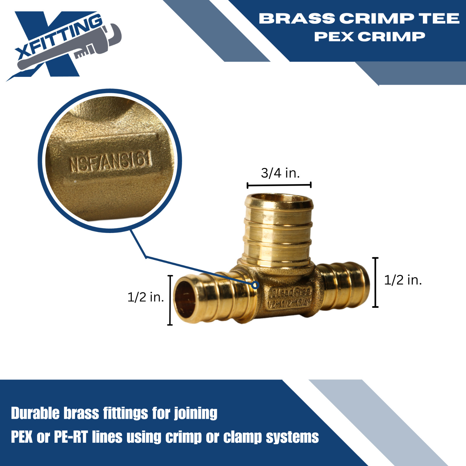 100 PIECES 1/2″ X 1/2″ X 3/4″ PEX TEE BRASS CRIMP FITTINGS ( LEAD FREE )