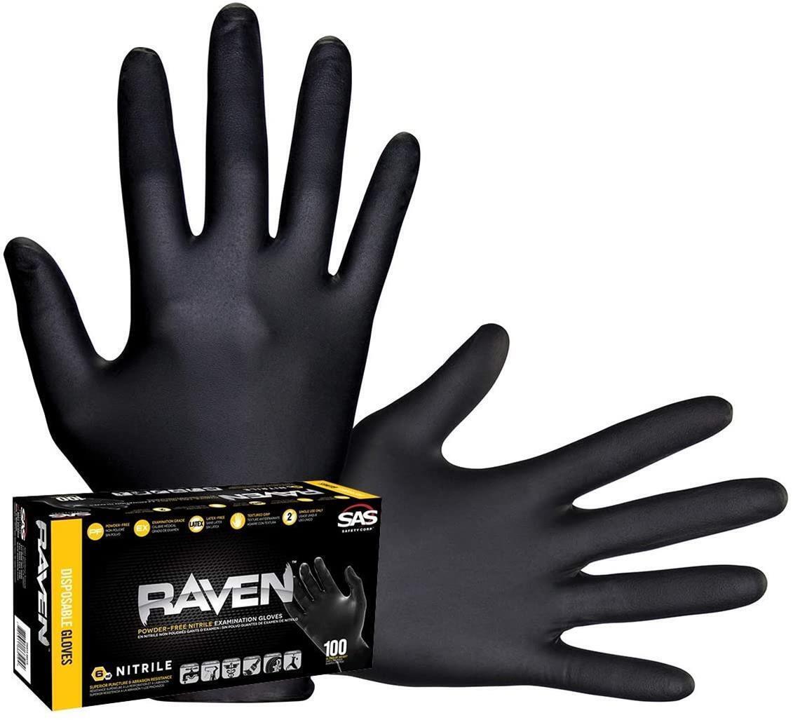 SAS RAVEN Black Nitrile Gloves Powder Free 100/BX