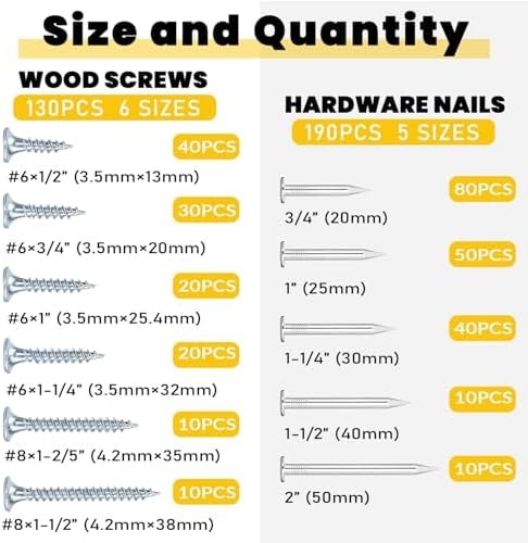 320Pcs Premium Hardware Nails & High Hardness Wood Screws Assortment Kit，1/2″…