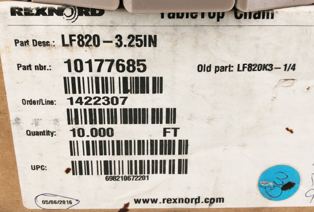 New Rexnord LF820-3.25IN TableTop Chain 10 FT. 10177685 LF820K3-1/4 – No Box