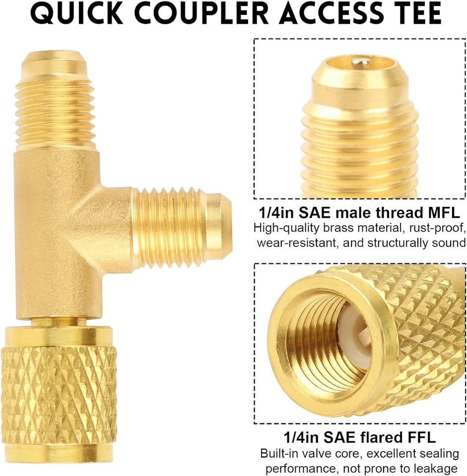 Quick Coupler Access Tee, 1/4 Inch SAE Valves Core Tee Adapter Brass Refrigerant