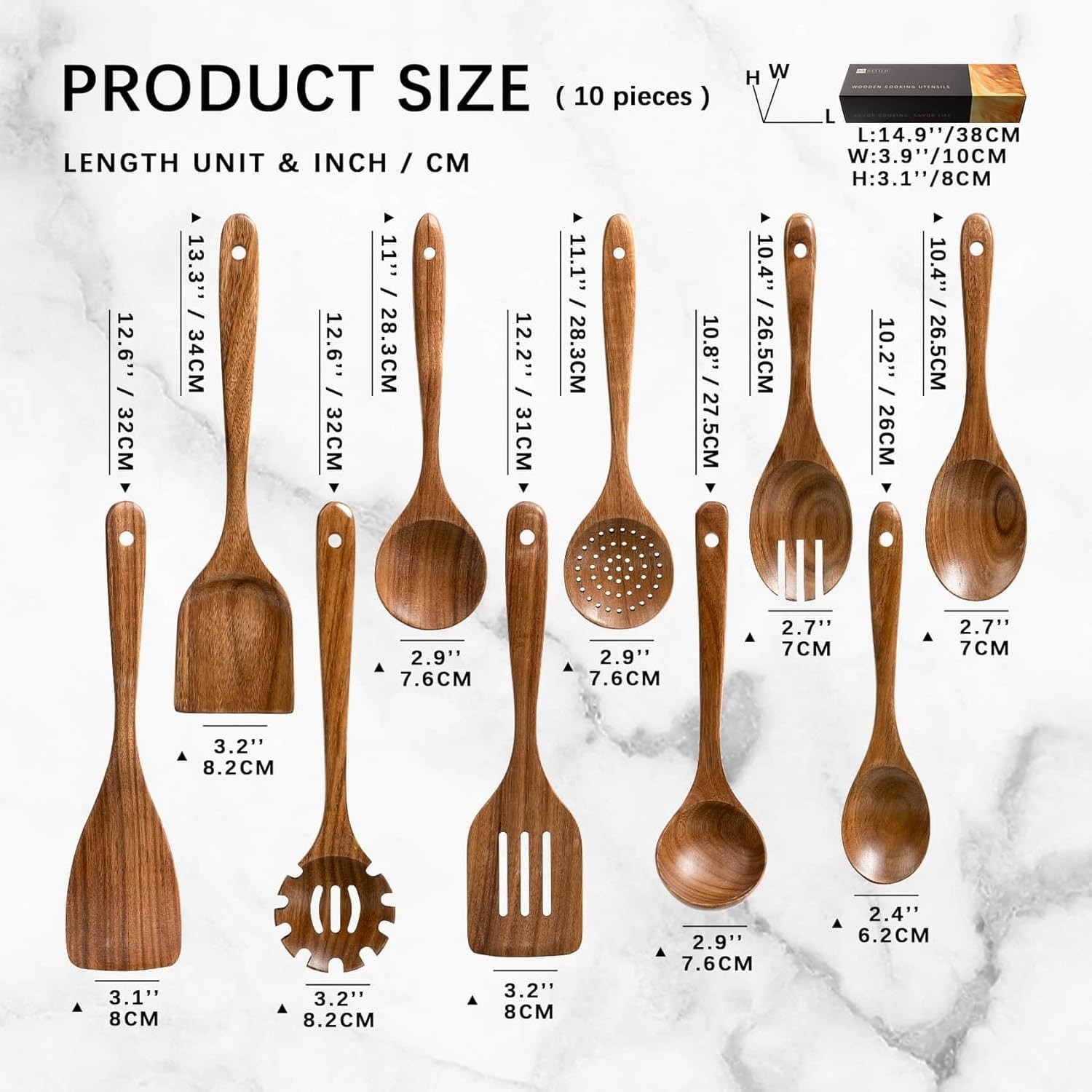 10 Pack Acacia Wooden Cooking Utensils Nonstick Safe Spoons & Spatulas Set