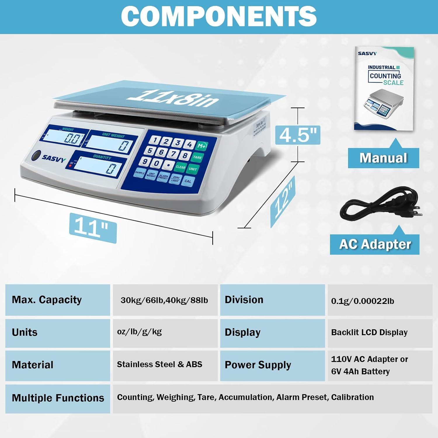 Counting Scale (66Lb/30Kg, 0.1G) Lb/Oz/Kg/G Industrial Digital Inventory Scale w