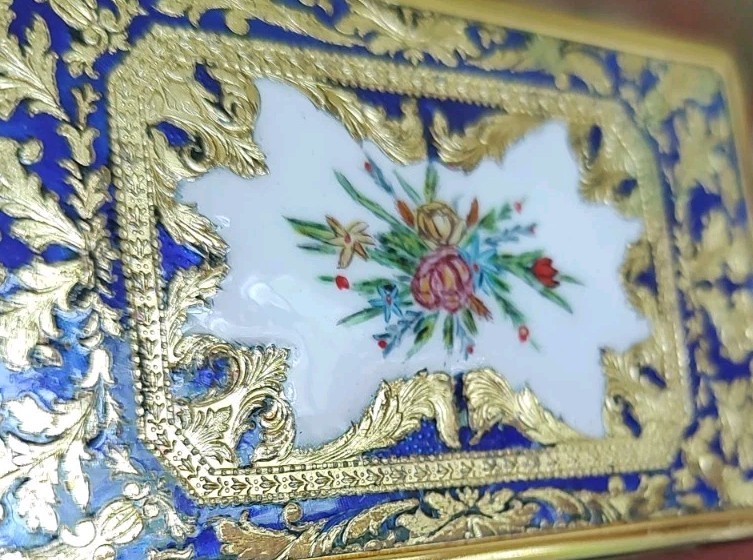 Vtg French Blue Enamel Business Card Holder Case Floral Gold Leaf Royal