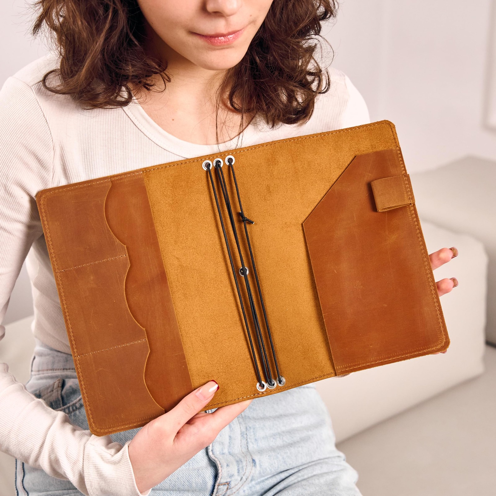 Genuine Leather Journal Cover A5 – Refillable Notebook Organizer with 3 Elast…