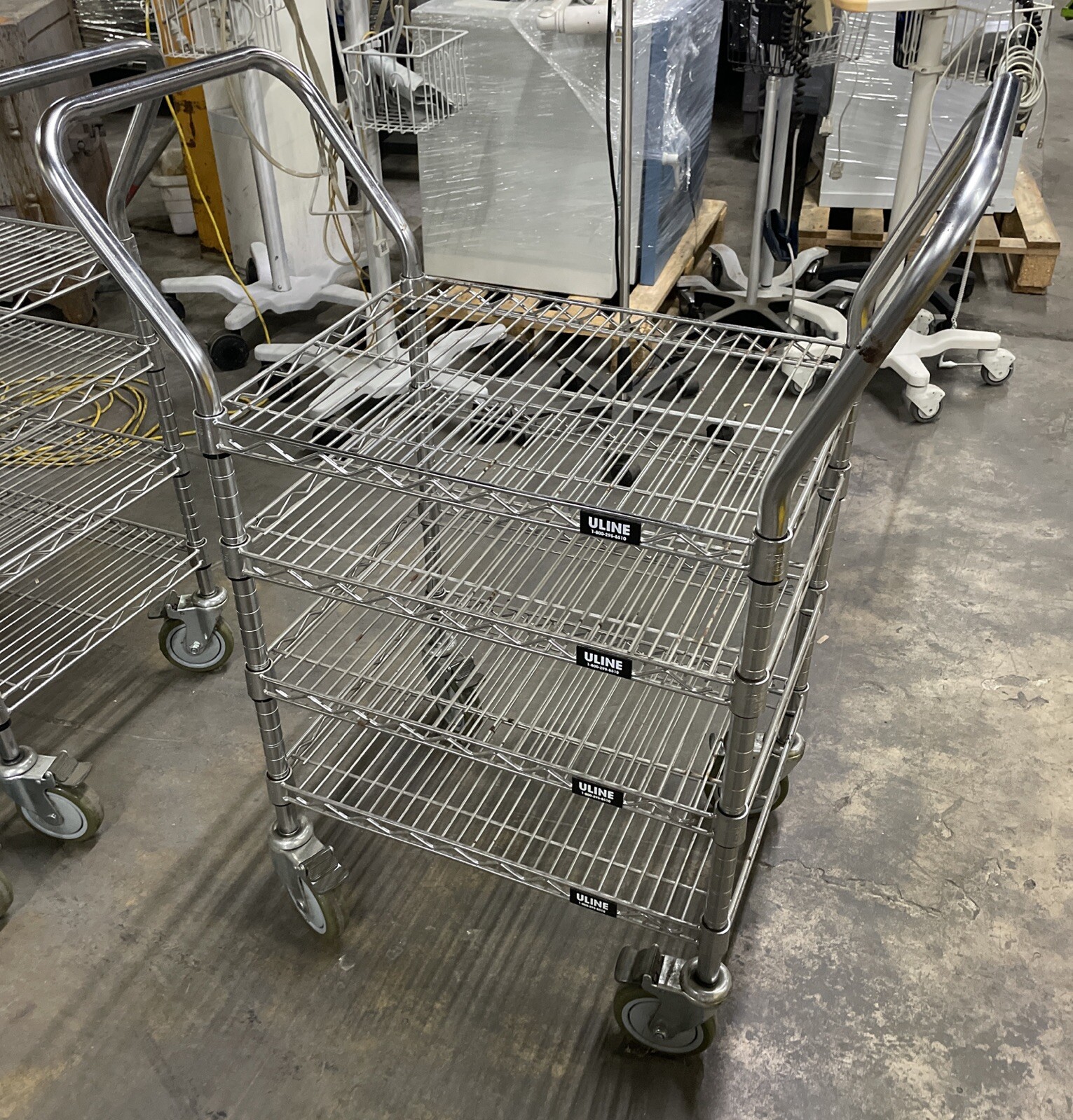 36” L x 18” W x 41” T Uline 4-Shelf Chrome Heavy Duty Cart – 8 Available! Clean!