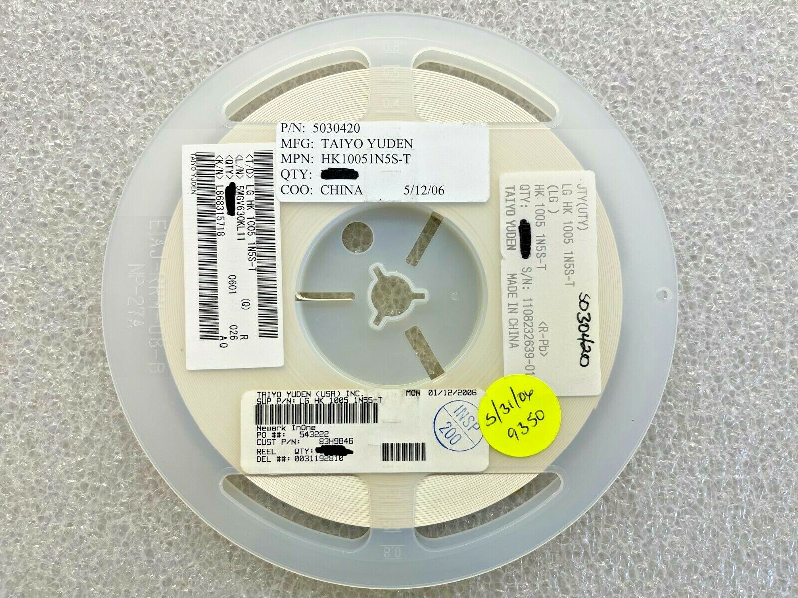(9,350 PIECE REEL) HK10051N5S-T, TAIYO YUDEN, FIXED IND 1.5NH 850MA 100MOHM SM