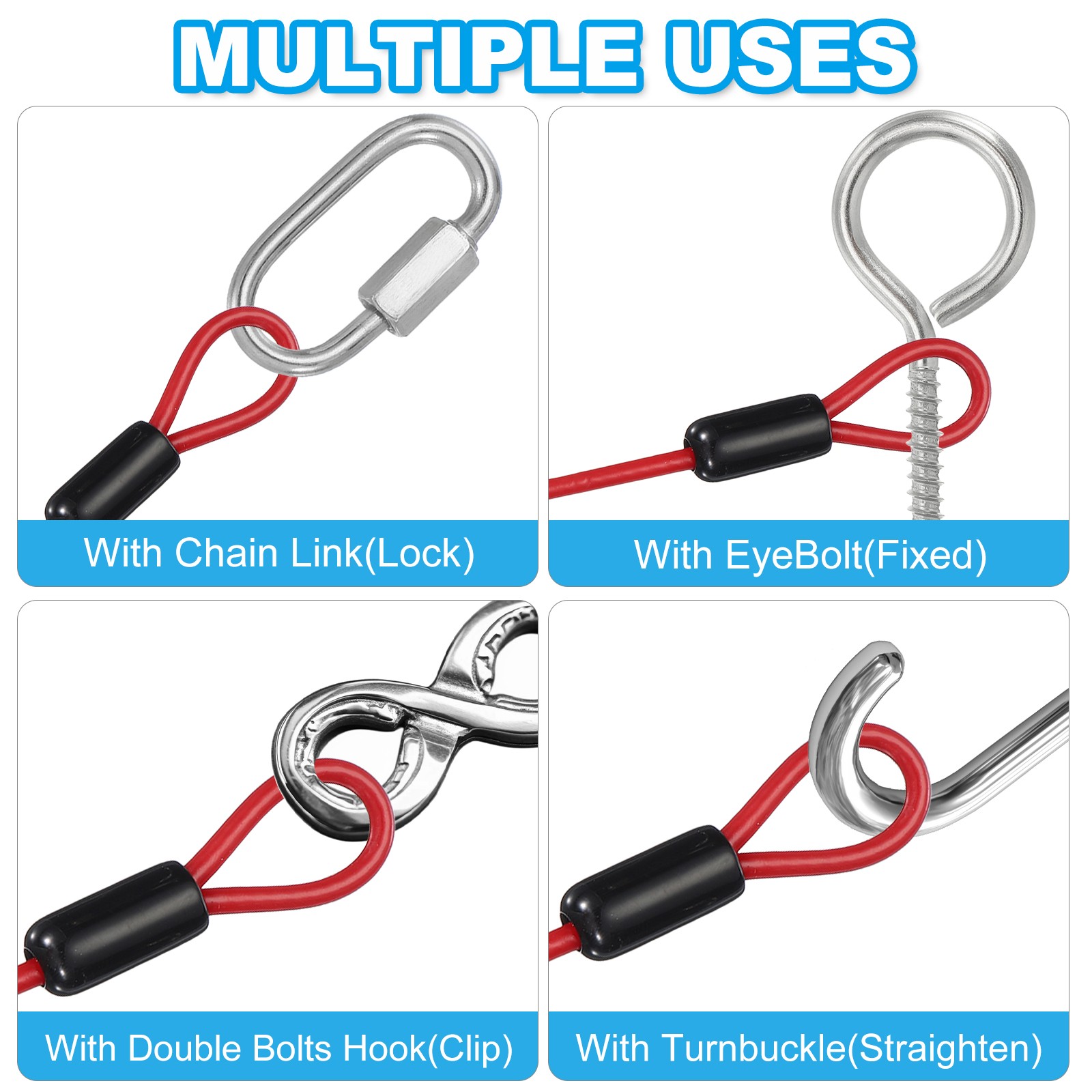 2 Pcs 5/32″ Dia 7 ft (79″) Vinyl Stainless Steel Cable with Loops Red