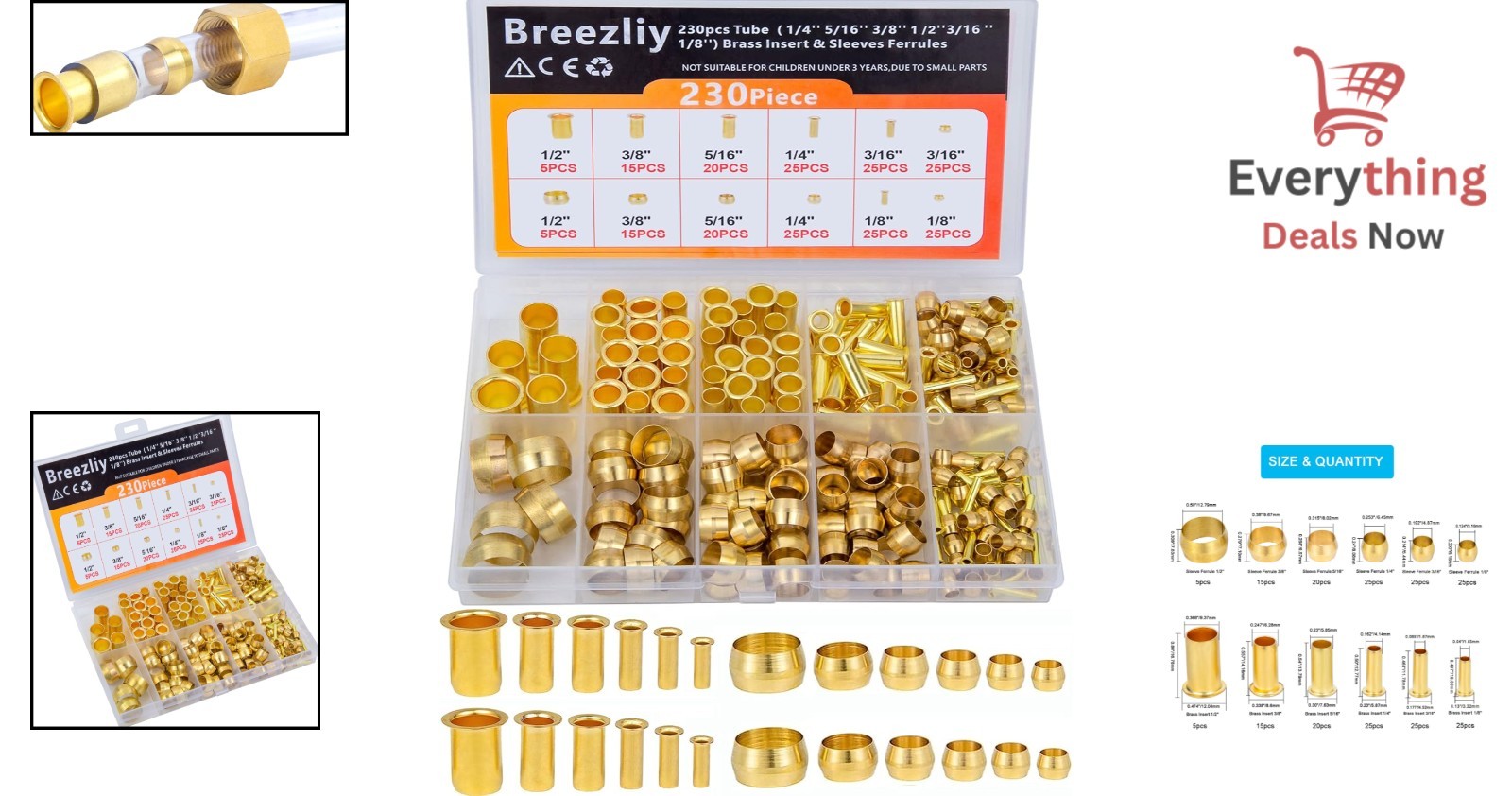 230pc Brass Compression Fittings Assortment Kit Air Water Fuel Line Sleeves Set