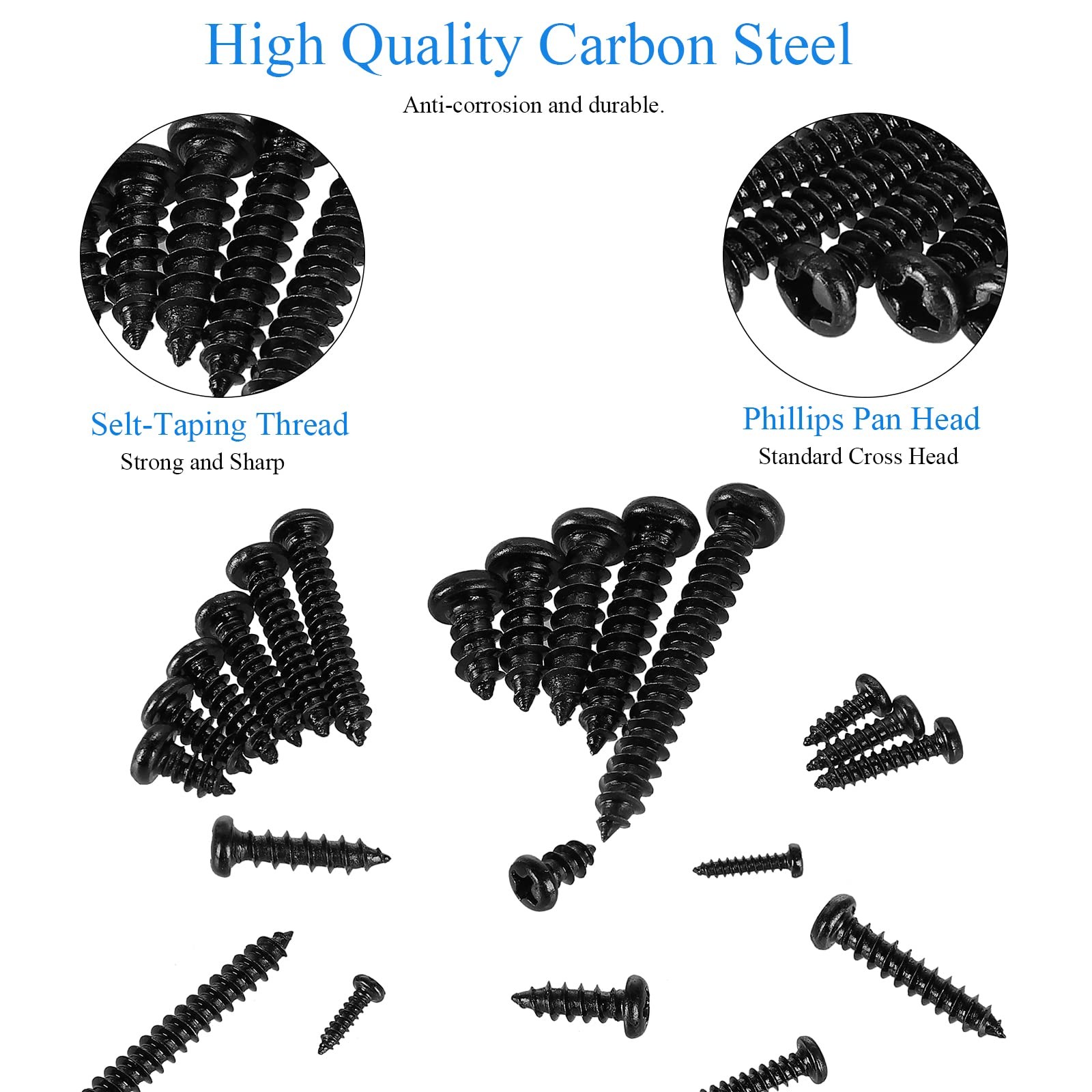 625pcs M2-M4 Phillips Pan Head Self-Tapping Screws Assortment Kit Black