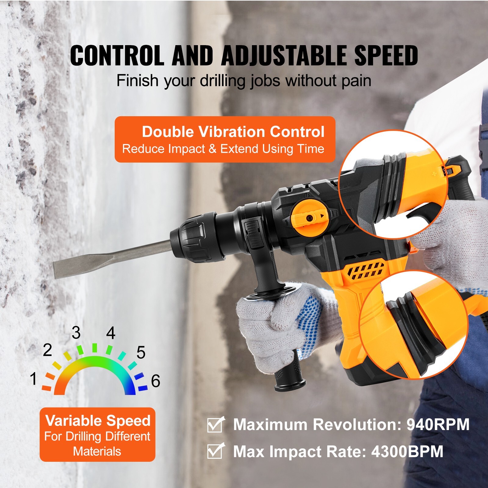 Rotary Hammer Drill Corded Drills 1-1/4″ 4 Modes SDS-Plus Chipping Hammers
