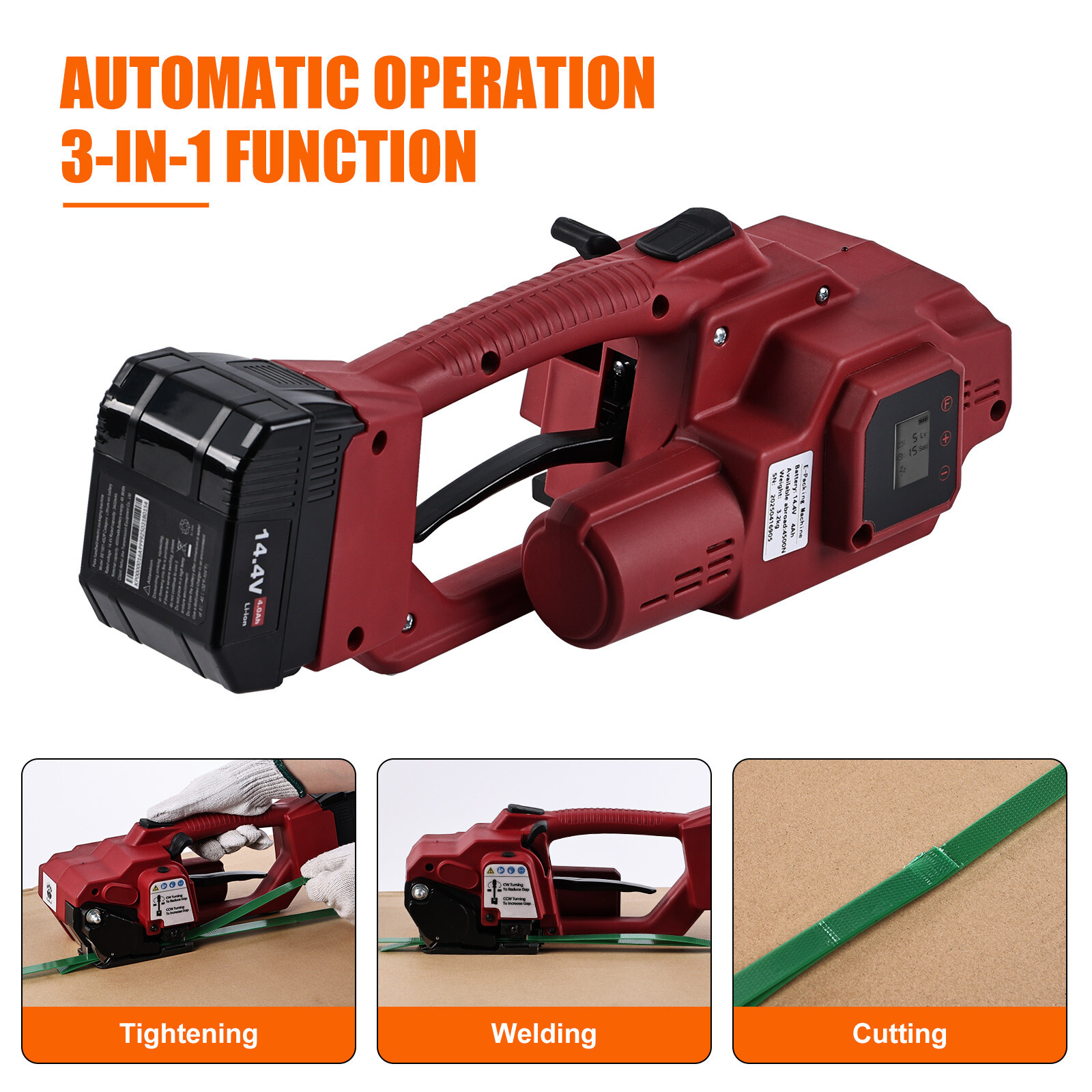 Electric Strapping Machine with 4500N Tension LCD 4000mAh for 1/2–5/8″ PET/PP
