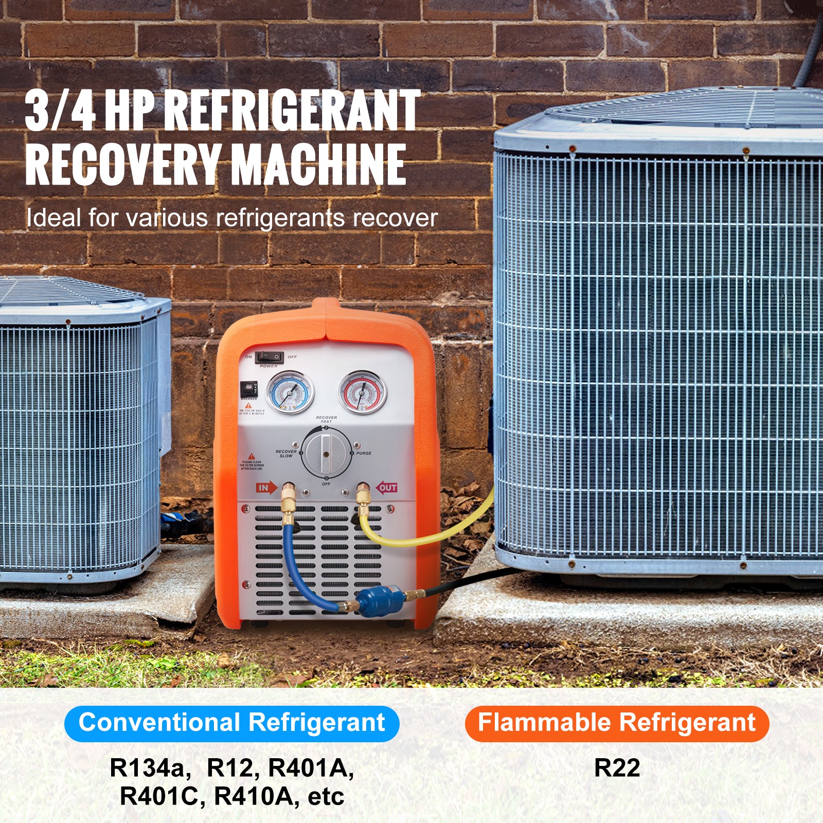 VEVOR Portable 3/4 HP Refrigerant Recovery Machine for Vapor Liquid Refrigerant