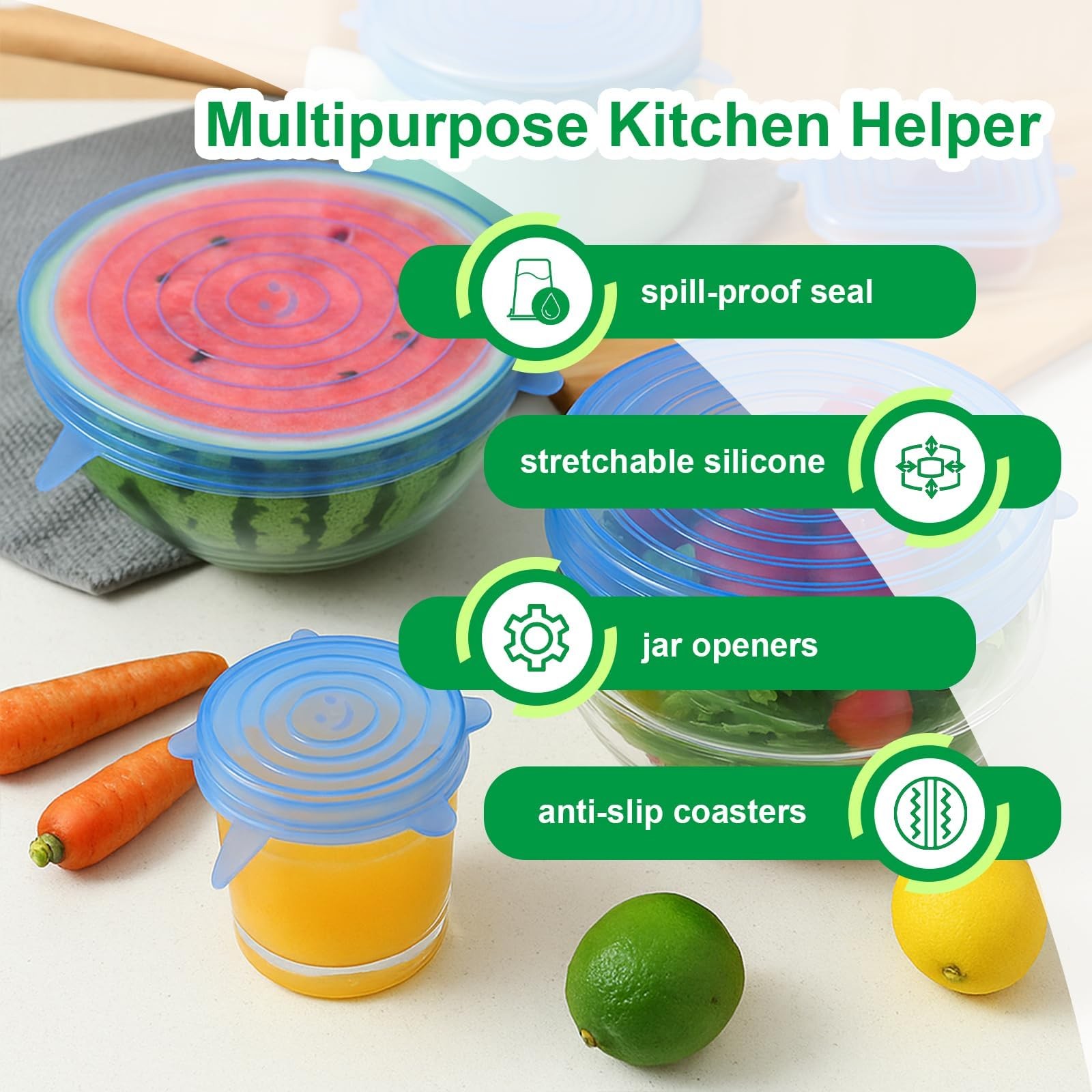 Silicone Stretch Lids – 6 Pack 2.6in, 3.7in, 4.3in, 5.5in, 6.3in, 7.7in, Blue