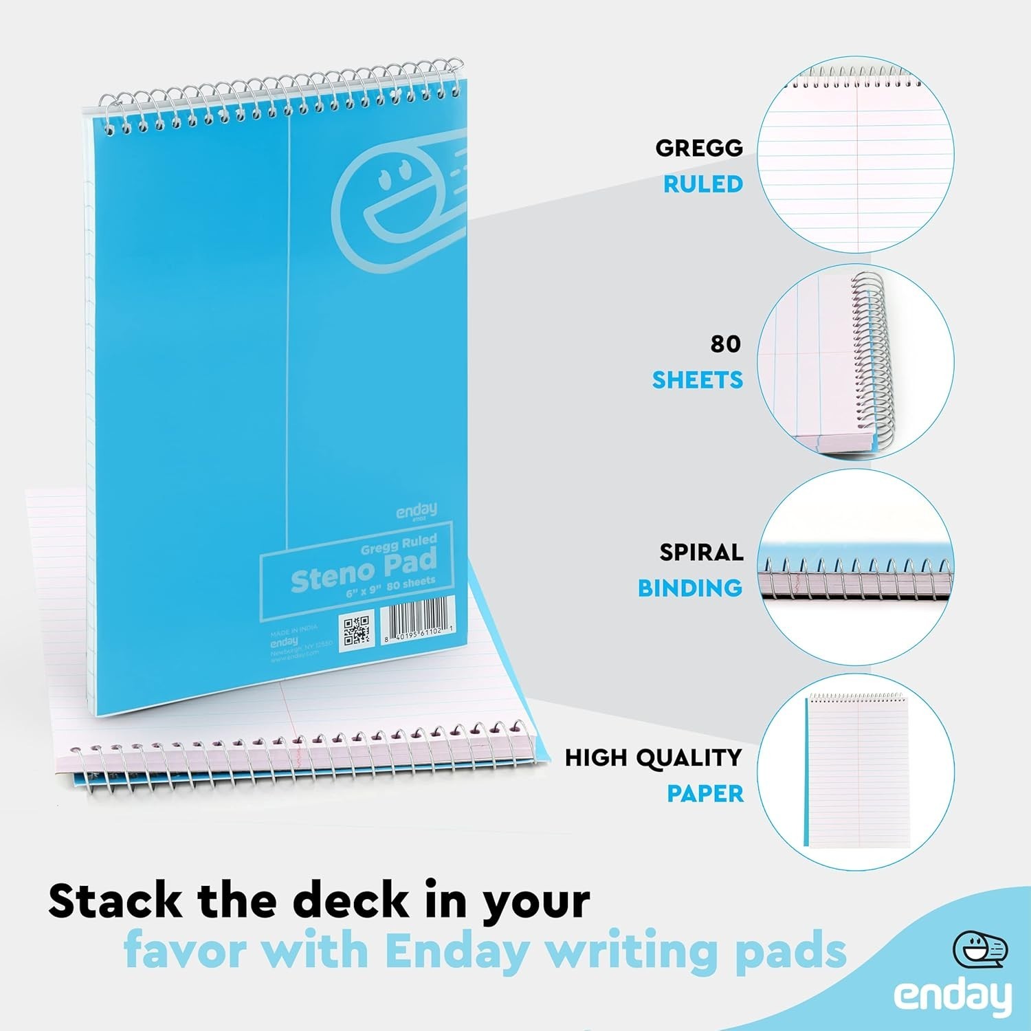 Enday Steno Pads Spiral 6 x 9 inches, Gregg Rule White Paper, 80 Sheets Steno..