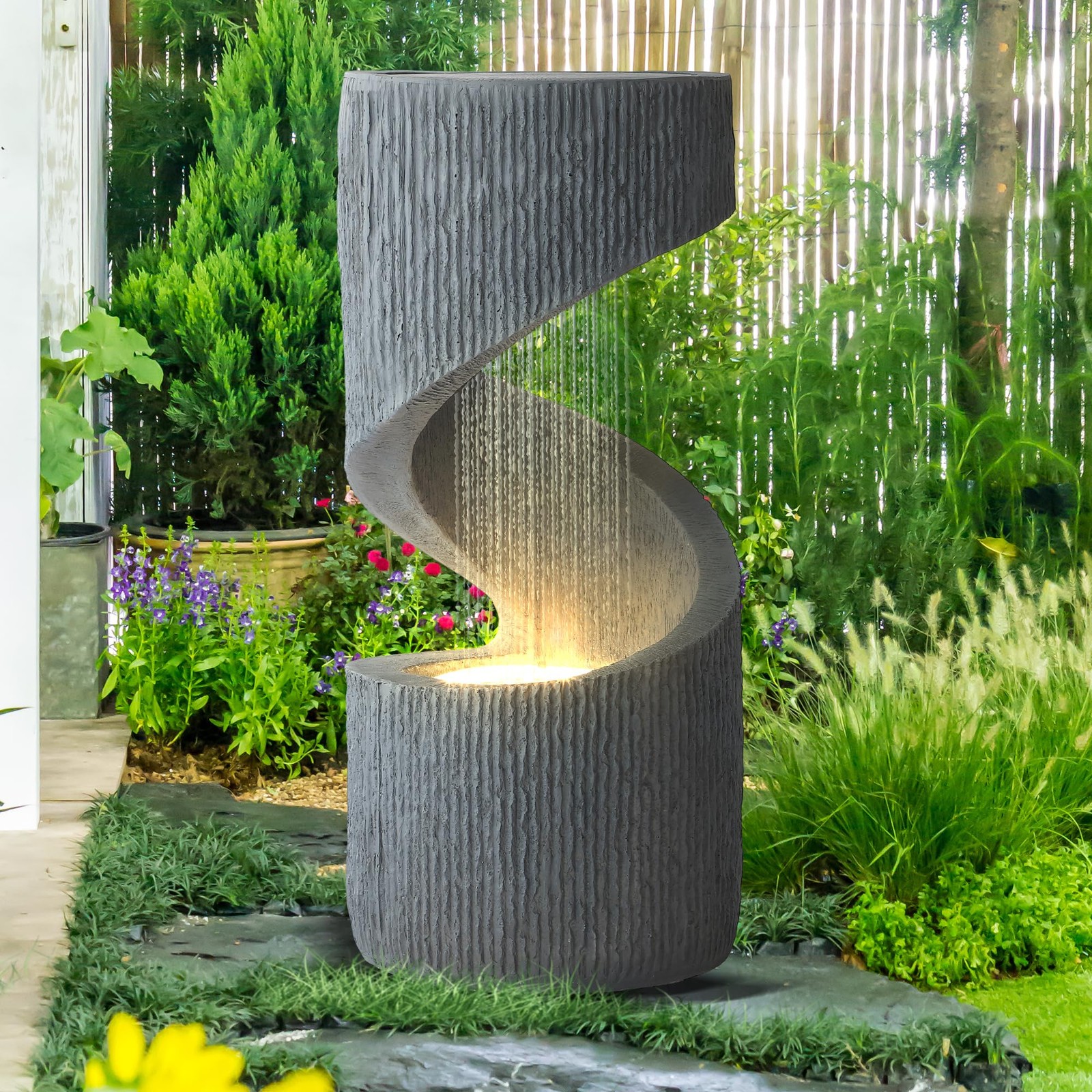 31.9″ S-Shaped Water Fountain LED Lights Cascading Indoor Outdoor Floor Standing