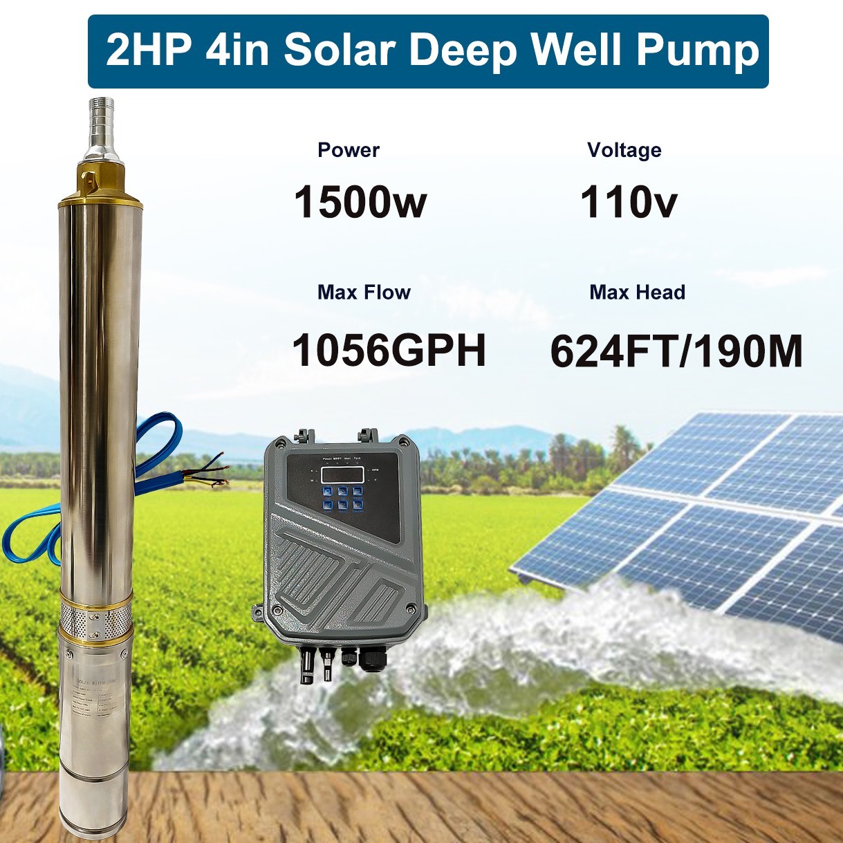 4″ Deep Well Submersible Pump, 1/2HP, 110V, 60 Hz, 28GPM, 150 Ft Max,1 1/4in NPT