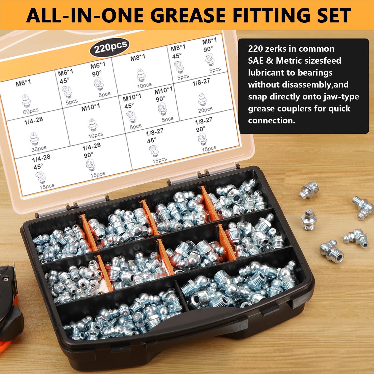 220 Pack Metric & SAE Hydraulic Lubrication Grease Zerk Fittings Assortment Set