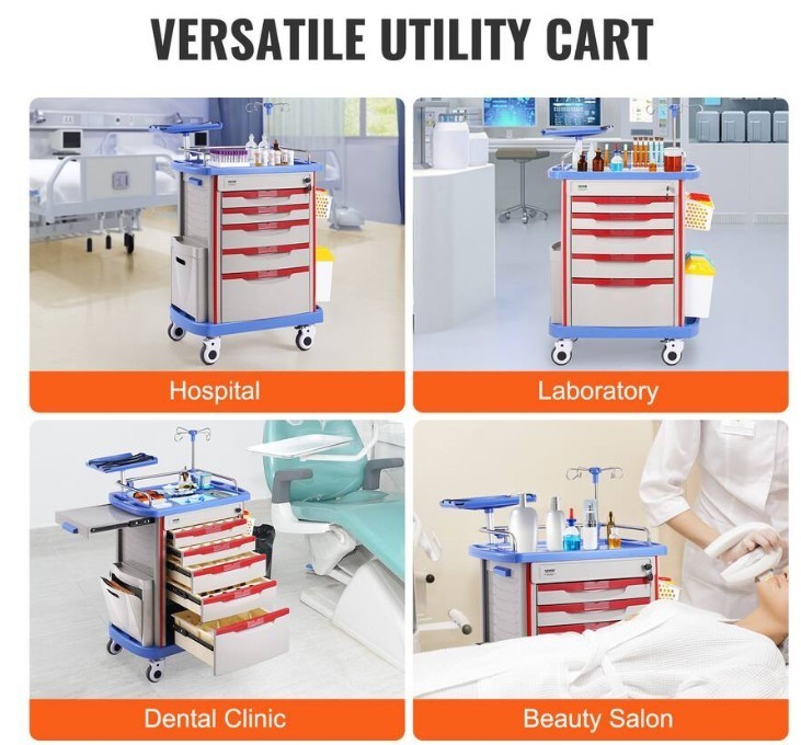 VEVOR 5 Tier Lab Cart – Mobile Medical Cart with 5 Drawers, IV Pole, Back Board