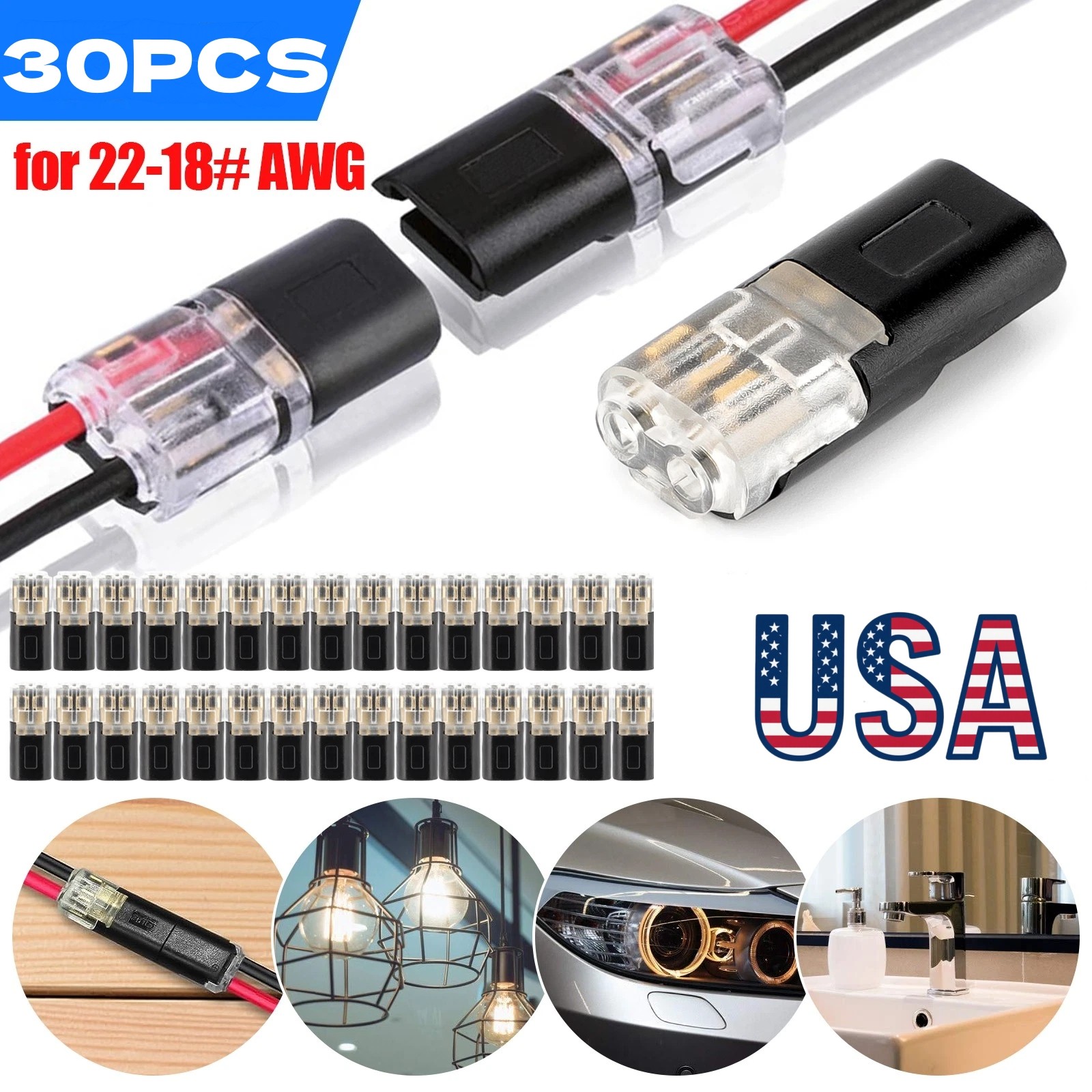 30 PCS Double-Wire Plug-in Cable Snap Connector Terminal Block w/ Locking Buckle