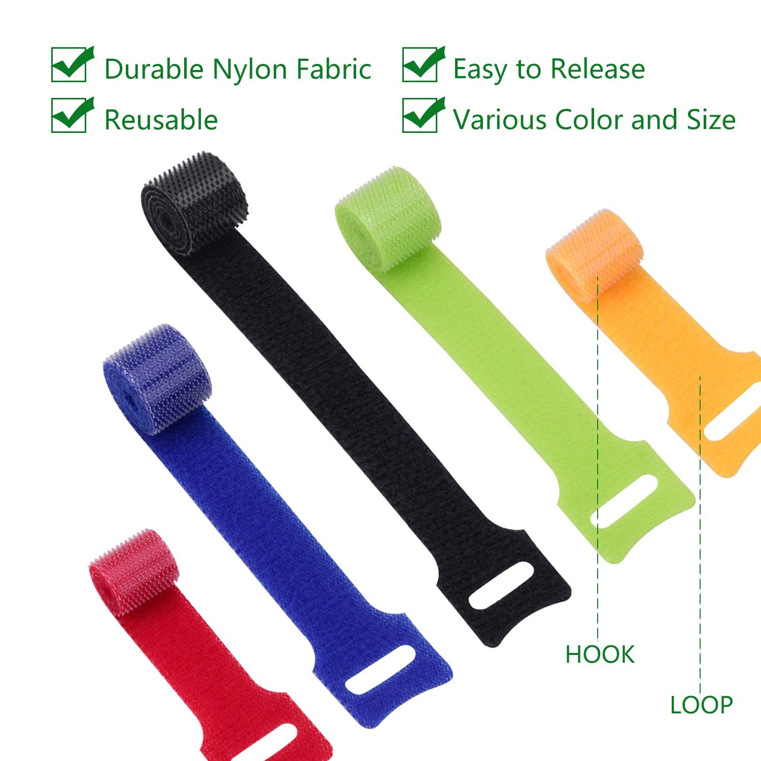 OneLeaf 60Pcs Reusable Cable Ties with Hook and Loop, 3 Sizes Wire Ties