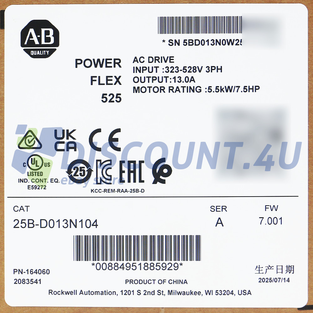 Factory Sealed 25B-D013N104 PowerFlex 525 AC Drive 5.5kW 7.5Hp SER A 25BD013N104