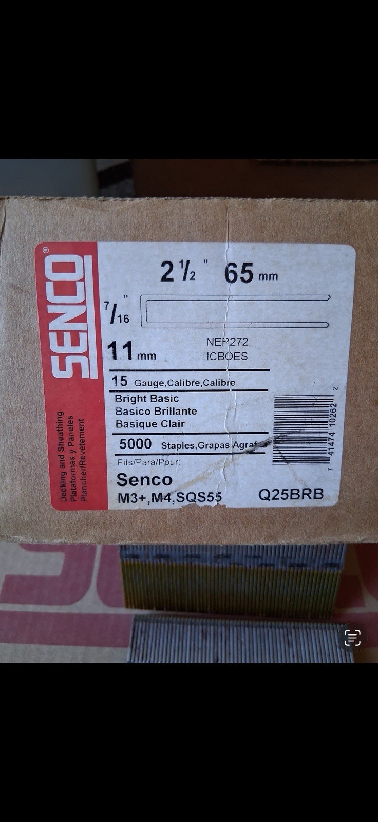 (Case of 5,000) Senco Q25BRB 7/16″ Crown 2-1/2″ Leg 15 Ga Bright Basic (NEW)