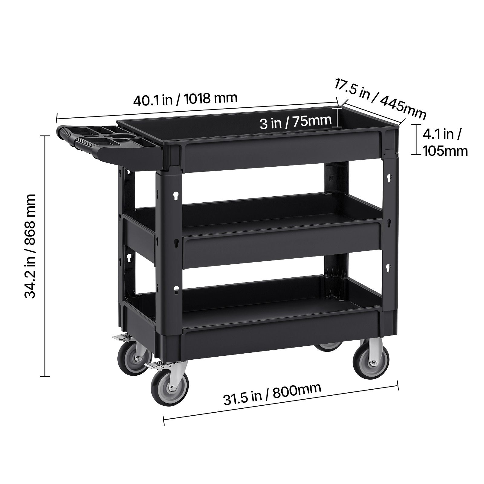 VEVOR Utility Service Cart 3 Shelf 550LBS 360° Swivel Wheels (2 with Brakes)