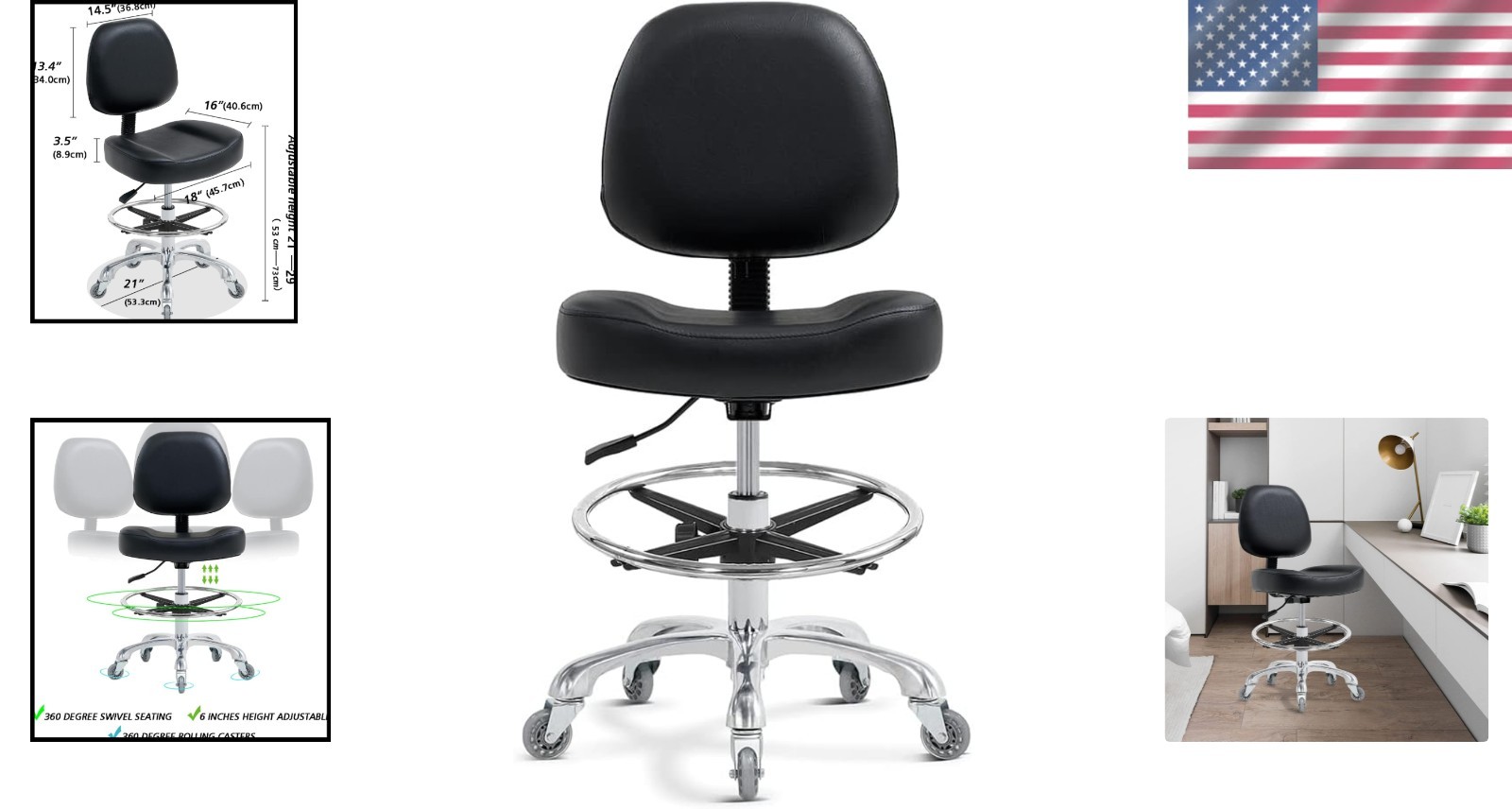 Ergonomic Drafting Chair with Adjustable Height for Comfort – Black Faux Leather