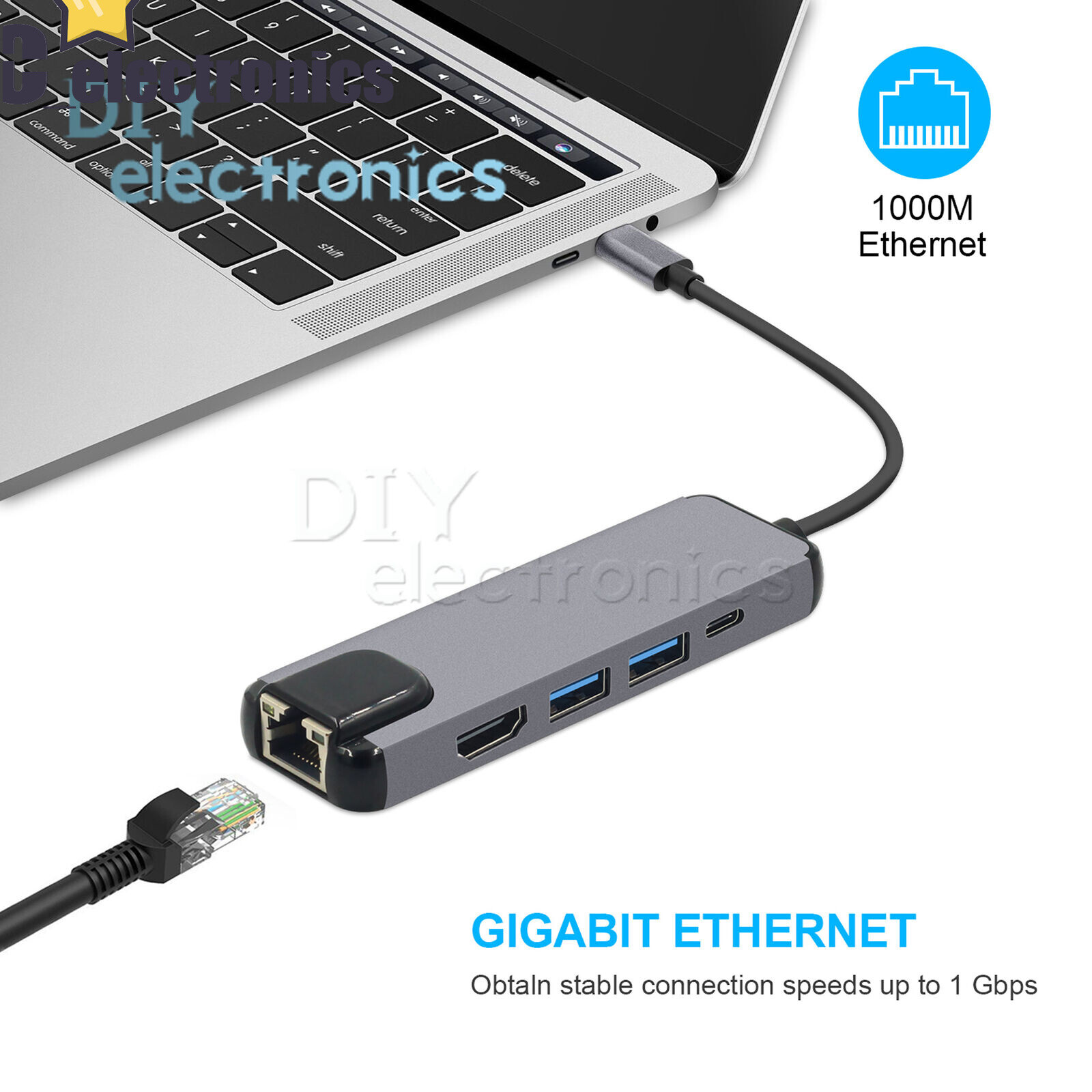 5 in 1 Type C to 4K HDMI USB 3.0 PD Charging Ethernet RJ45 Port Adapter A3GS