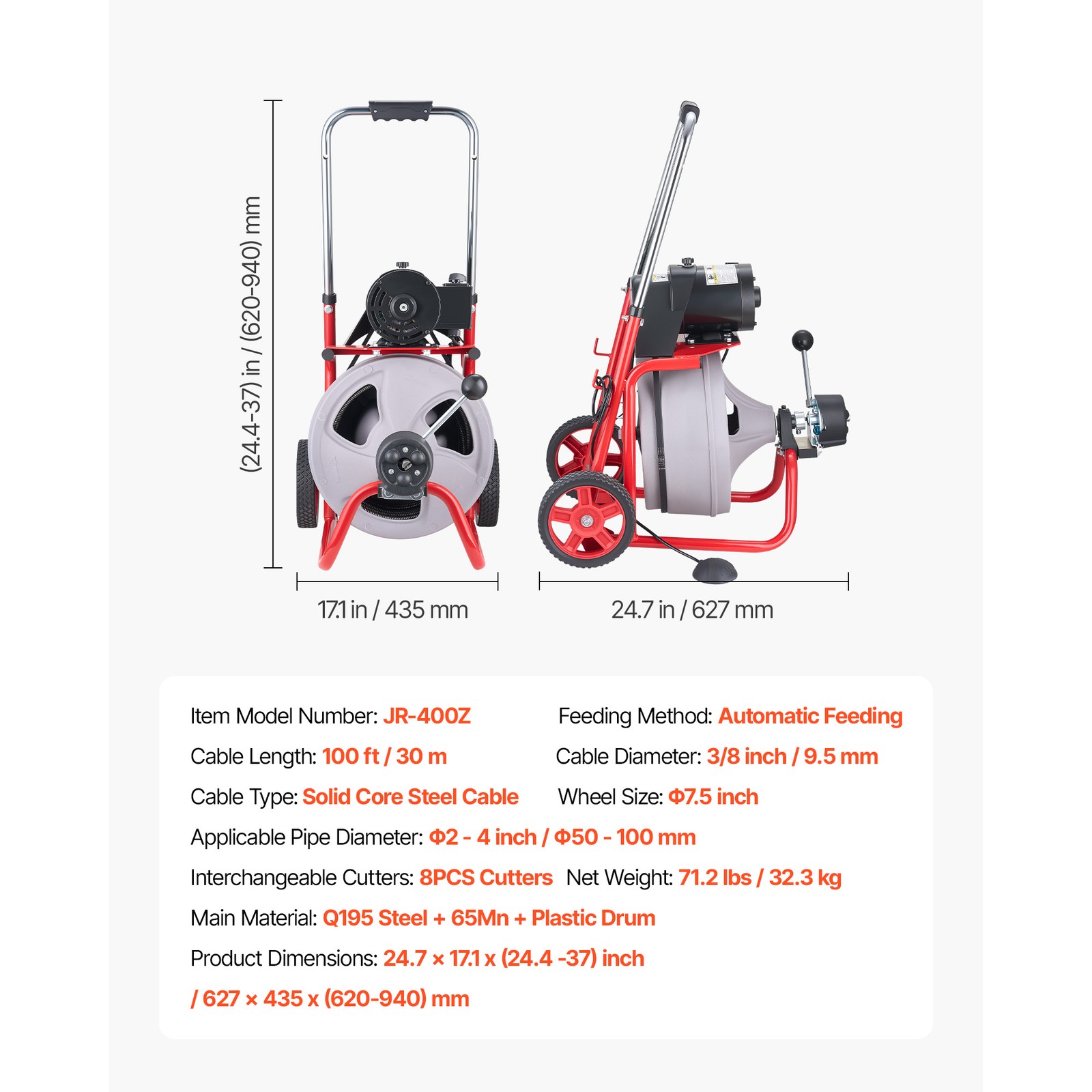 VEVOR Drain Cleaner Machine 100FT x 3/8 Inch Auto Feed with Wheels & 8 Cutters