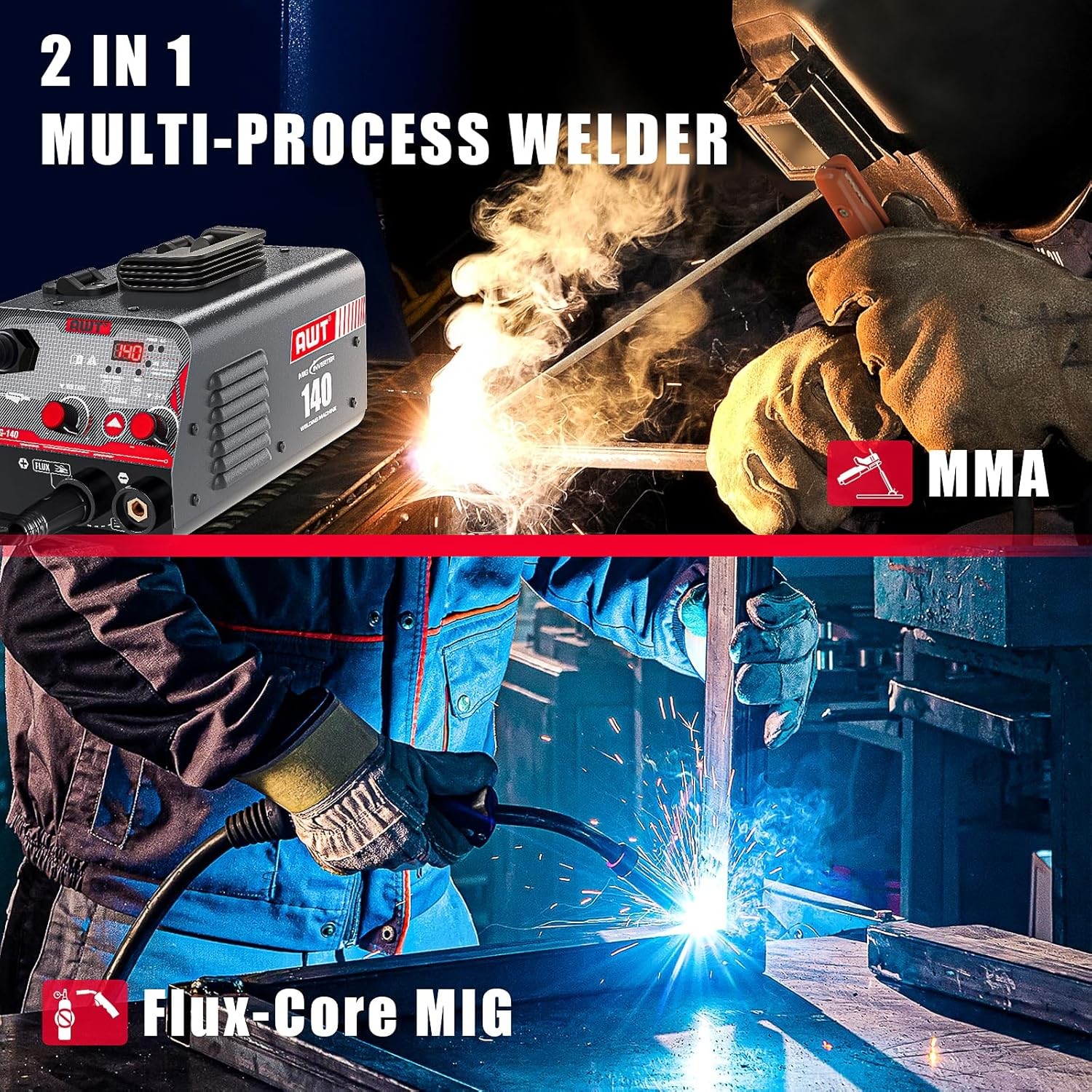MIG Welder 140Amp, Flux Core MIG Welder/Stick 2 in 1 Welding Machine, Welder Mac