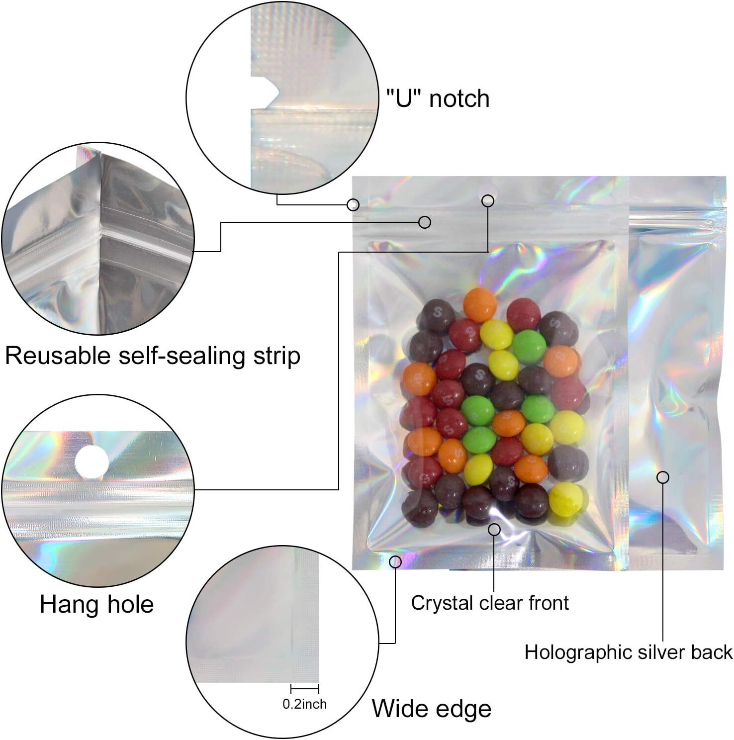 Holographic Silver Resealable Ziplock Storage Bags 4×7 Inches 100 Pack
