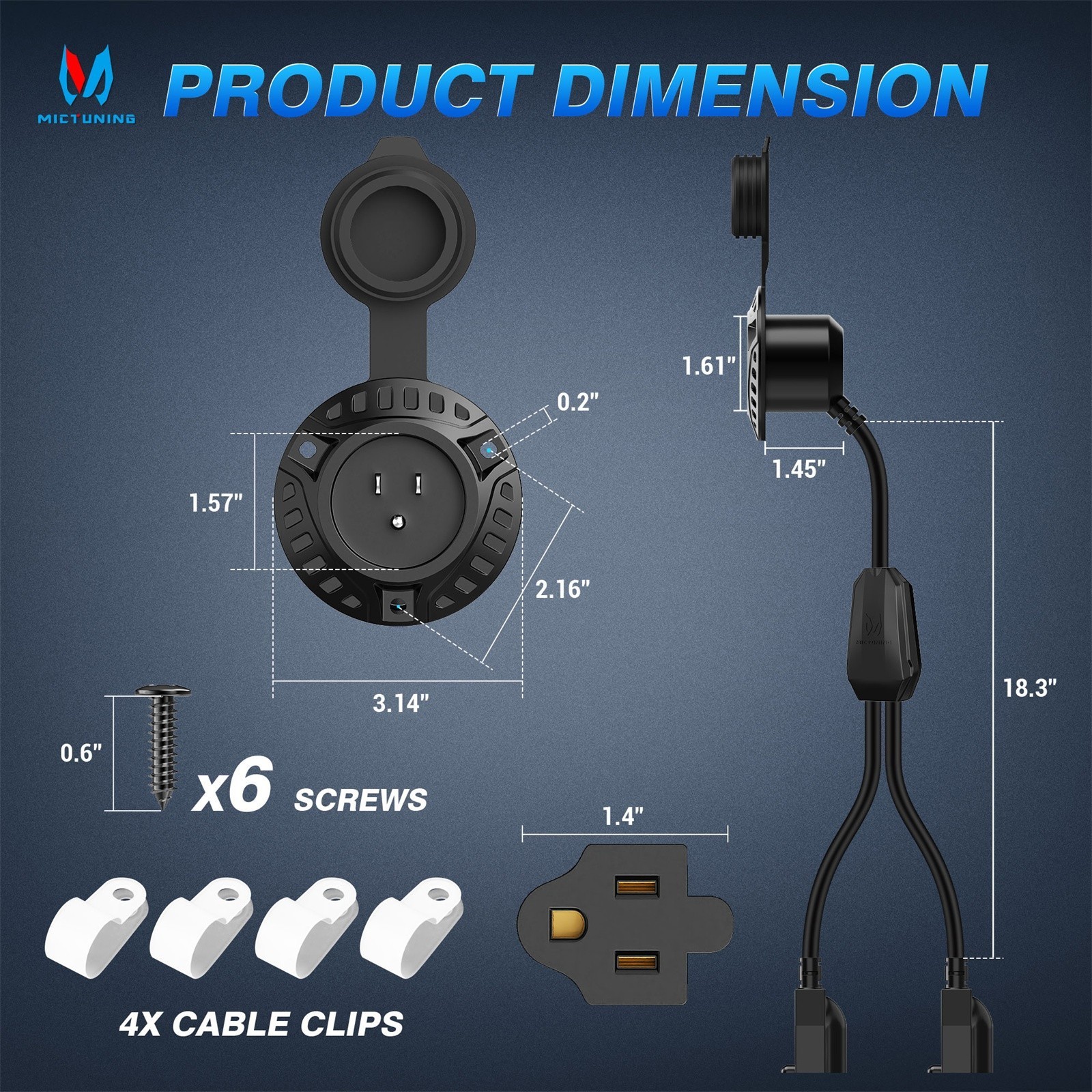 15A AC Port Plug ,12AWG RV Shore Power Inlet Socket w/Dual 20» Extension Cord
