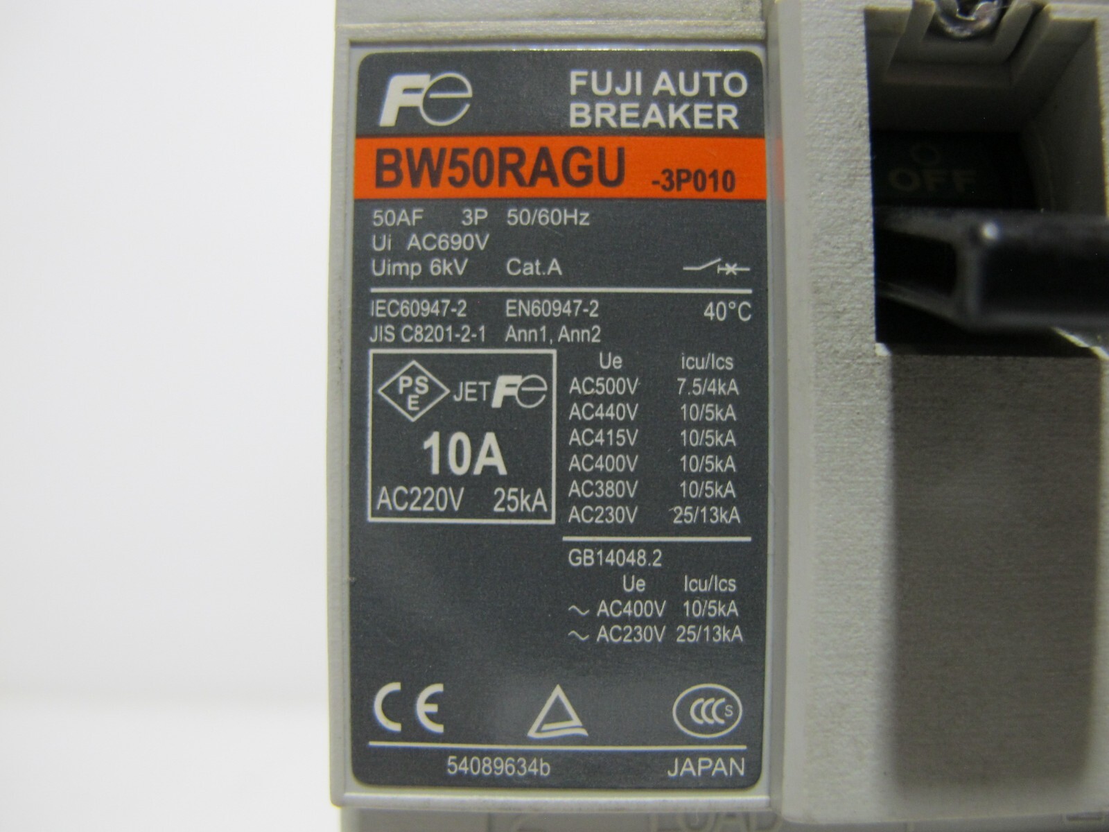 Fuji Electric BW50RAGU-3P010 10 Amp Auto Breaker 3-Pole 10A 690VAC 250VDC 14 kA