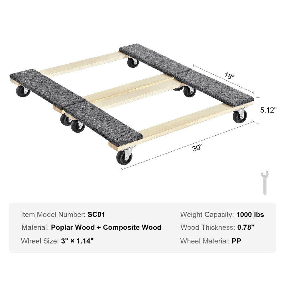 2Pcs Hardwood Furniture Dolly 1000LBS 18″×30″ 3″ PP Swivel Casters