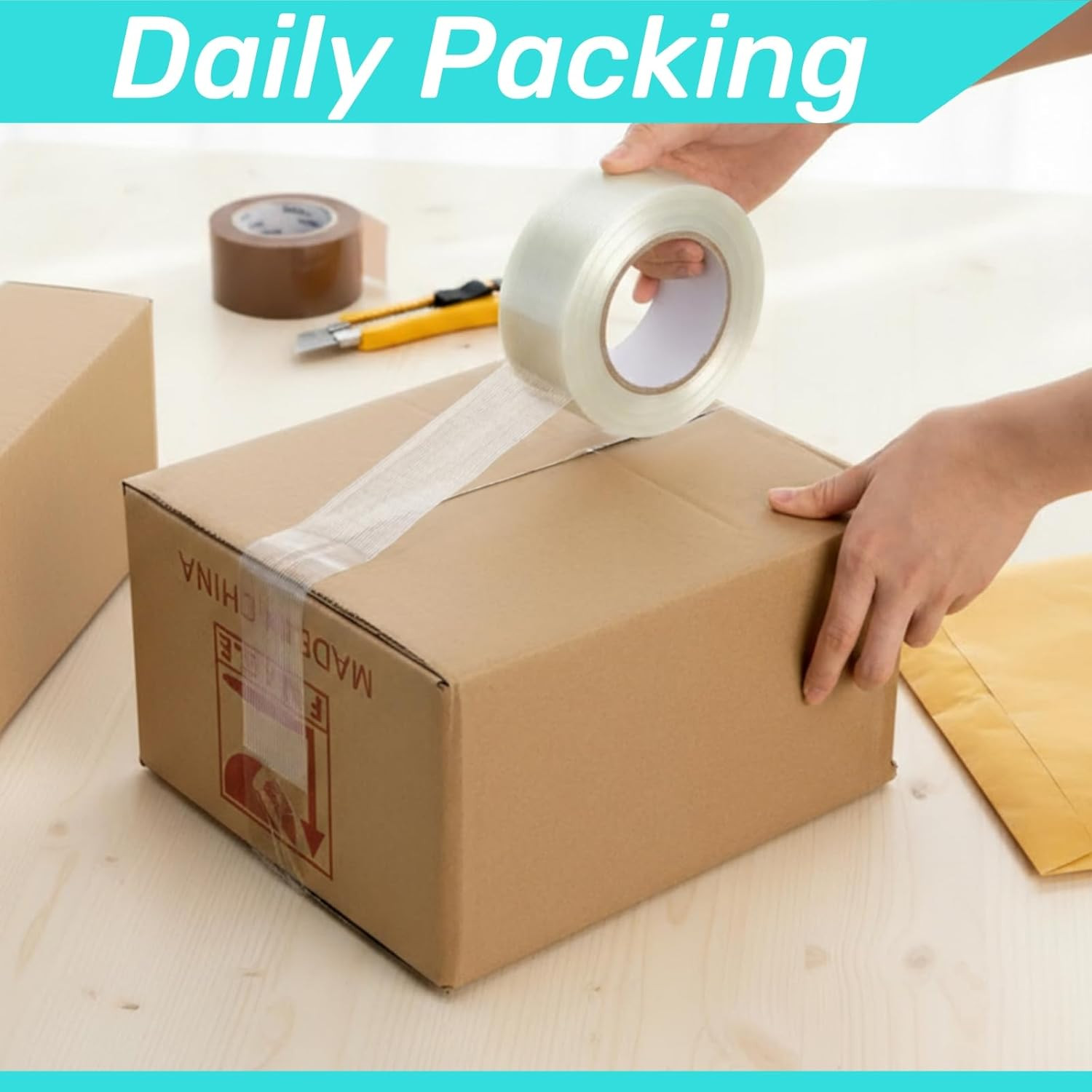 6 Rolls Filament Strapping Tape, 2” X 60Yds X 5.5Mil | Reinforced Fiberglass Ta