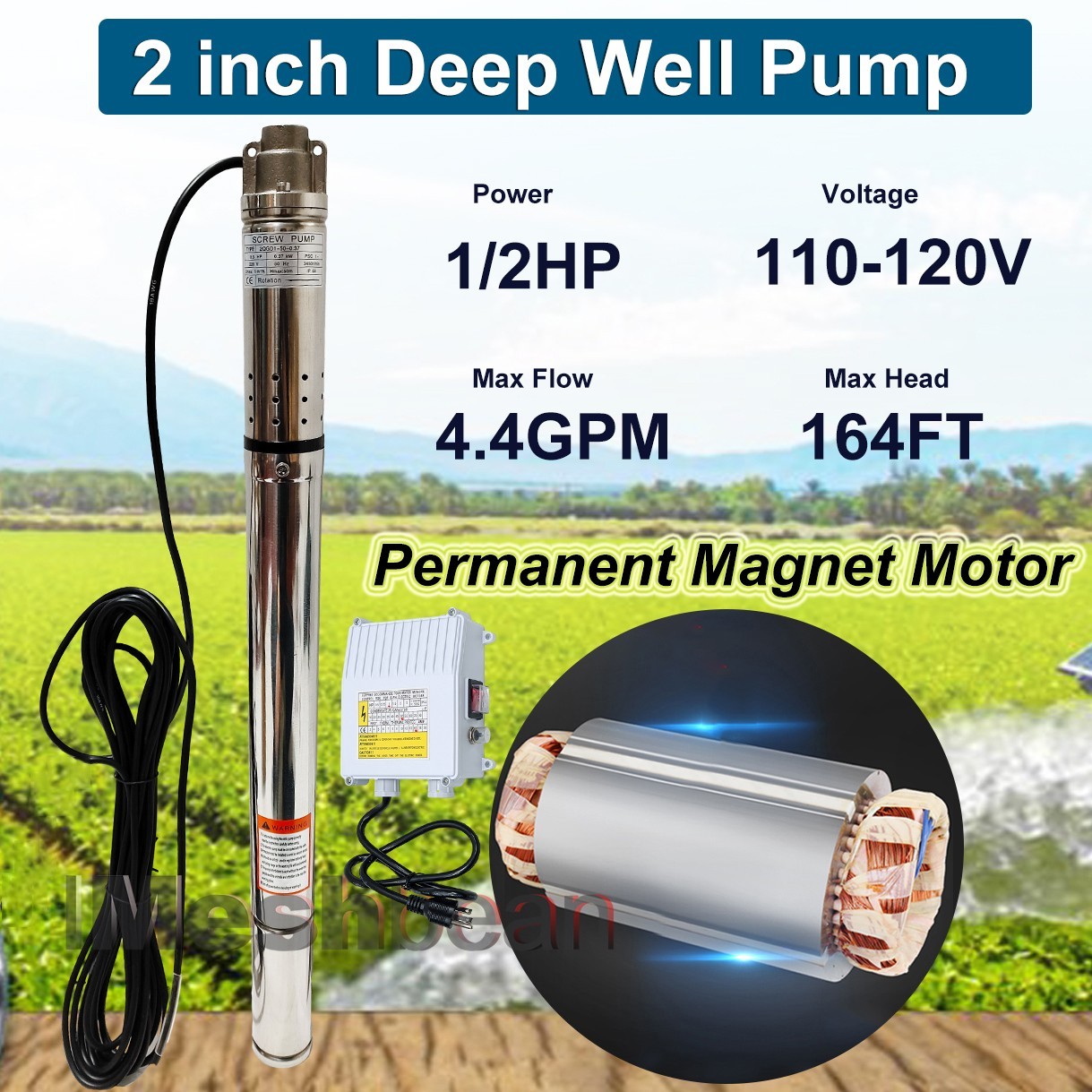 1HP 3″ Deep Well Submersible Pump Screw Pump 380FT Hmax 10GPM 110V w/Control box