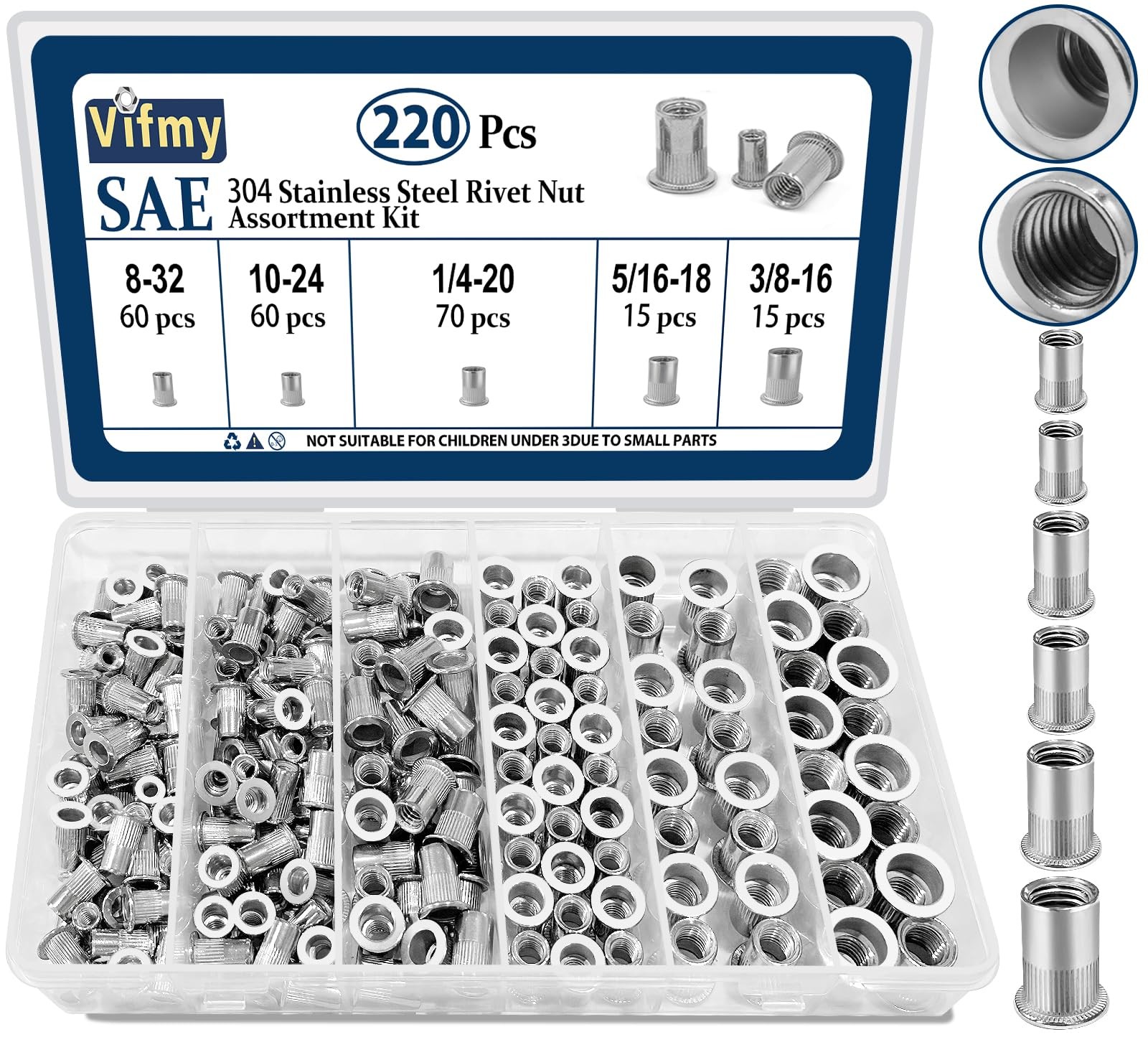 SAE Rivet Nut Assortment Kit220 Pcs,#832#1024 1/4″20 5/16″18 3/8″16 304 Stain…