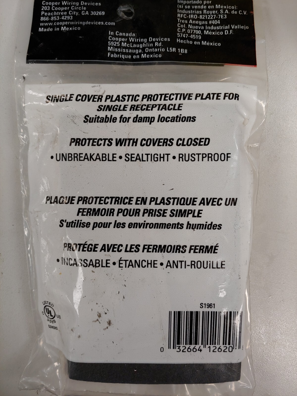 1 Pc. One Gang Weatherproof Single Receptacle COVER – Gray – Cooper #S1961 -NEW