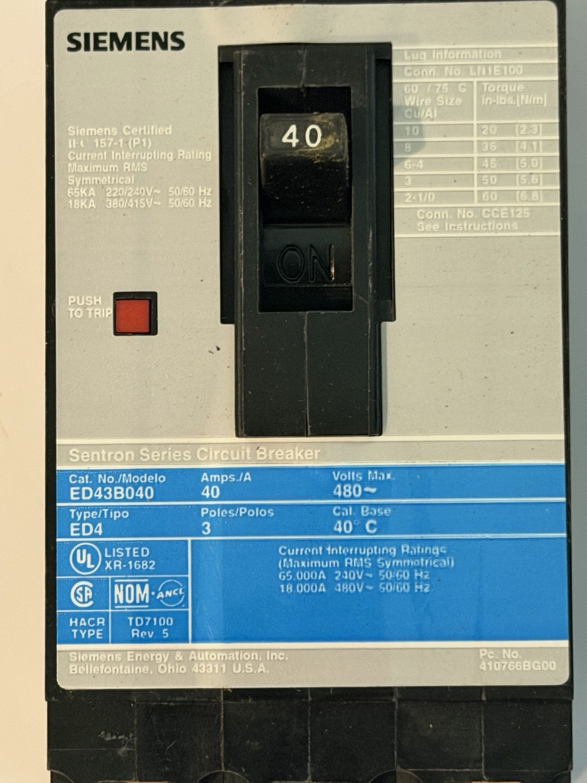 Siemens Sentron ED43B040 Molded Case Circuit Breaker ~ 40 Amp, 480V Ac, 3 Pole