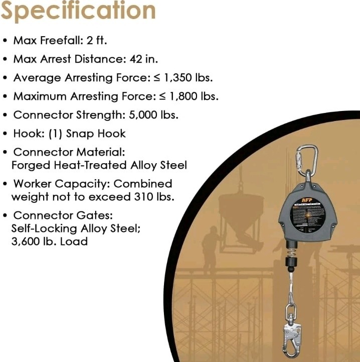 AFP Demon 30 FT Single Leg Self-Retracting Lifeline Cable Retractable | Steel Lo