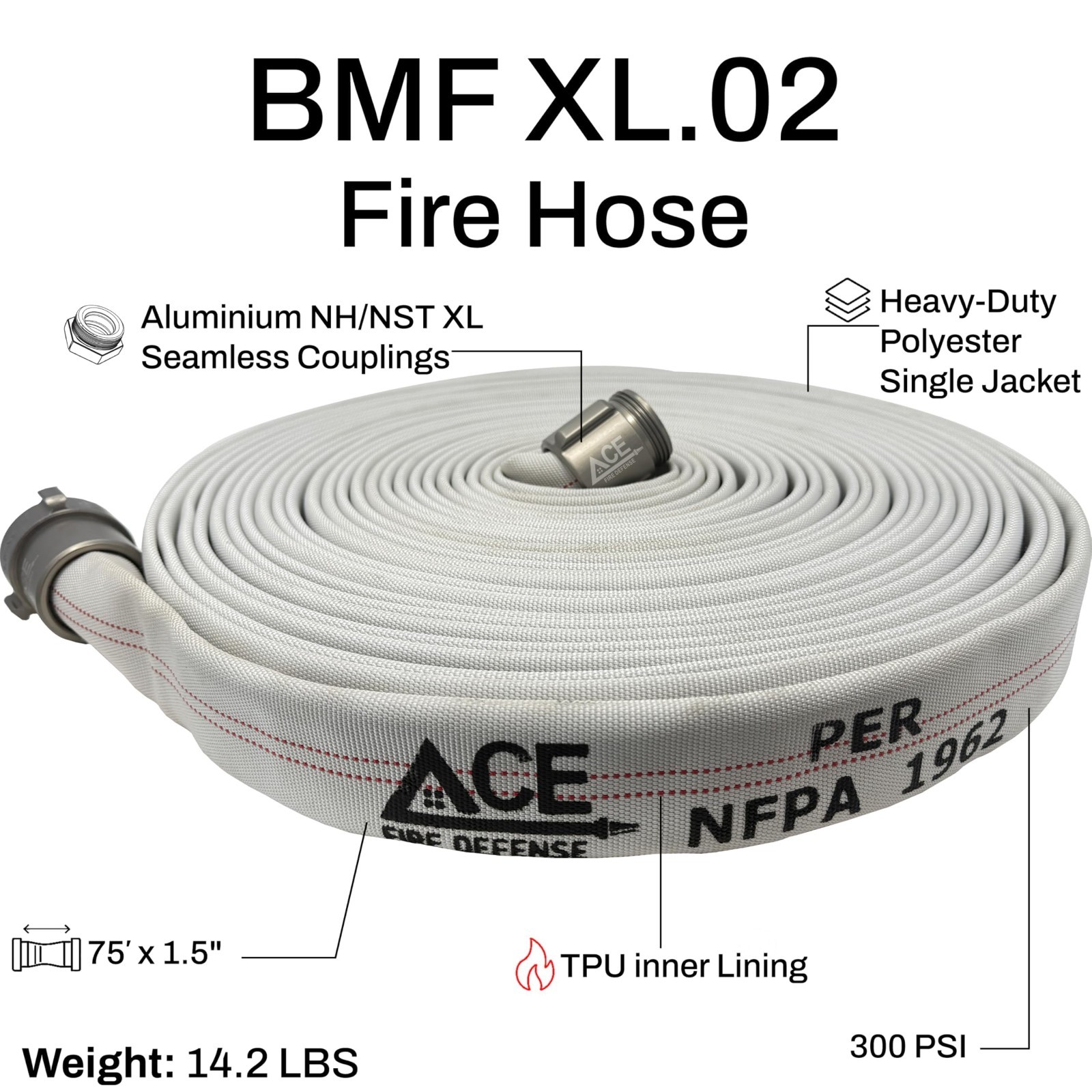Ace Fire Defense .02, 1.5″ Premium Attack Fire Hose 75ft 900 PSI NH/NST