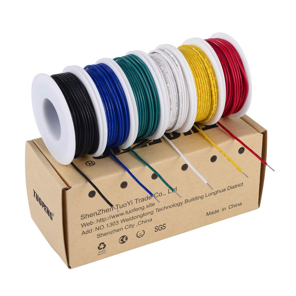 24 AWG Solid Core Wire Kit 6 Colors 30ft Each Tinned Copper PVC Hookup Wire