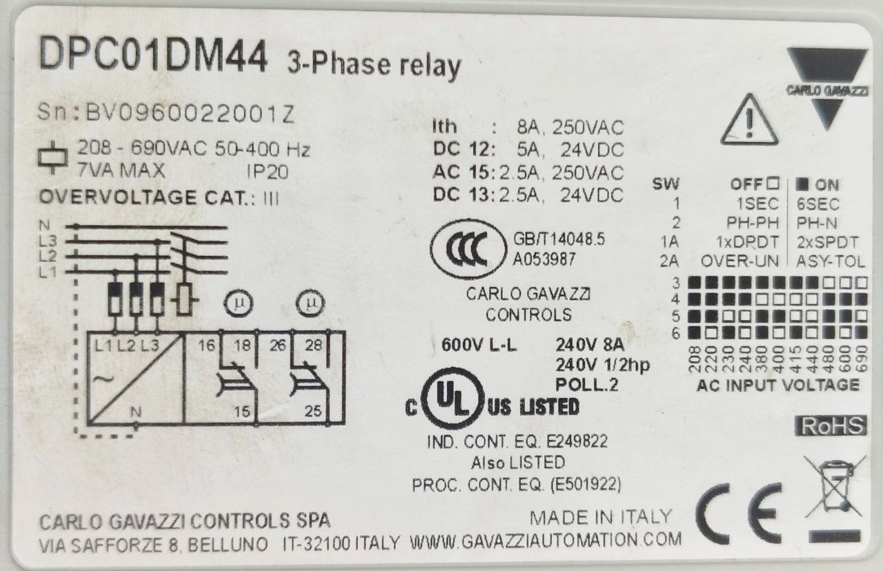 CARLO GAVAZZI DPC01DM44 TRUE RMS 3-PHASE VOLTAGE MONITORING RELAY – 208-690VAC