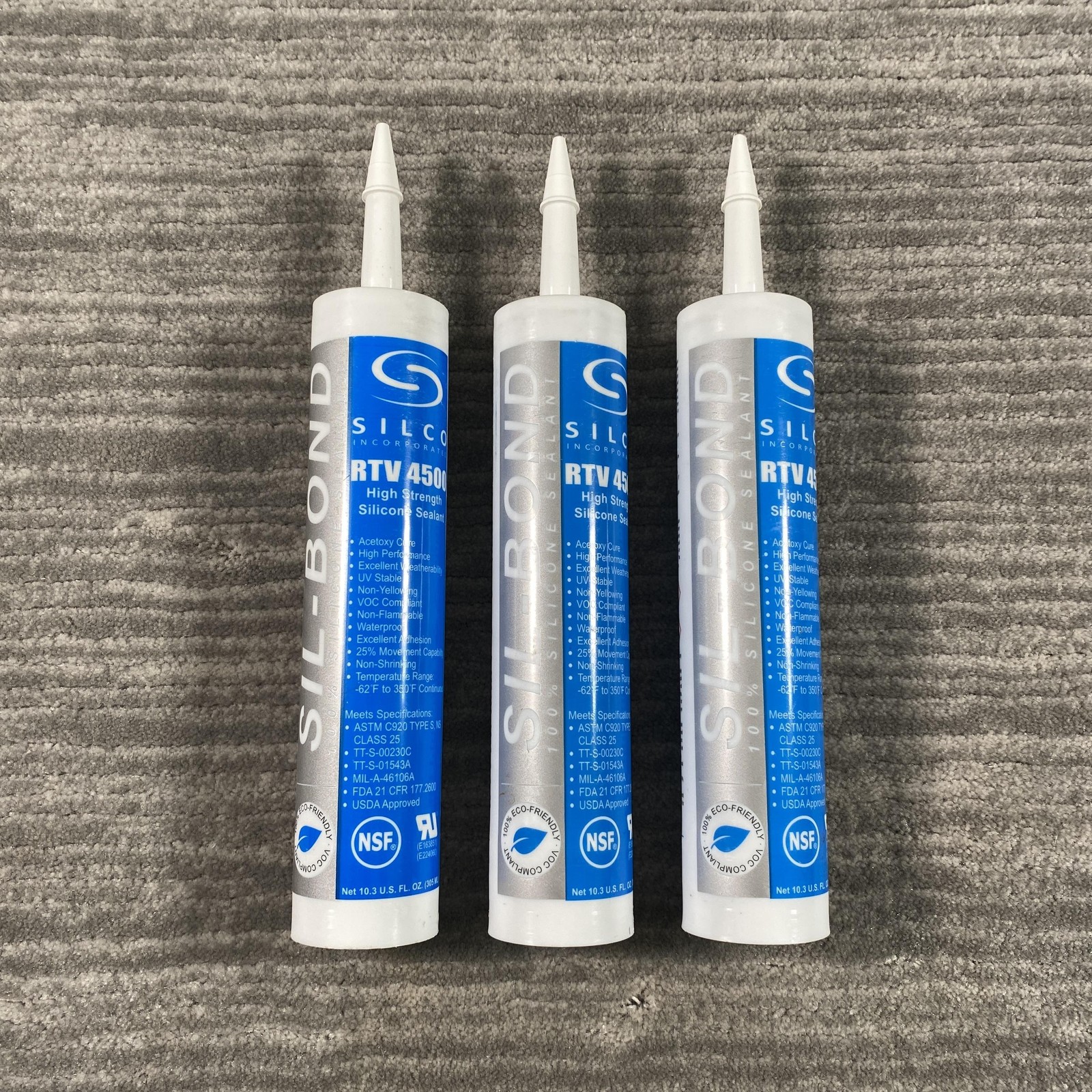 Silco Sil-Bond RTV 4500 High Strength Silicone Caulk 3 Tubes Clear 10.3oz
