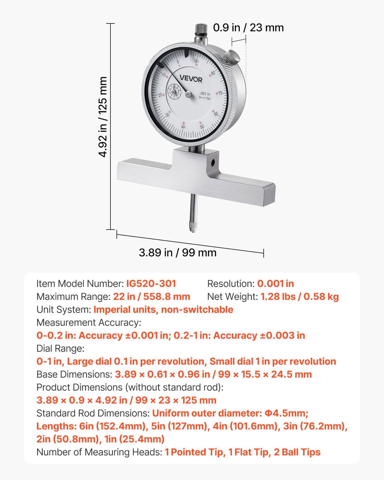 VEVOR Depth Gauge Micrometer 0-22in Range with 4 Anvils and 6 Rods Precision