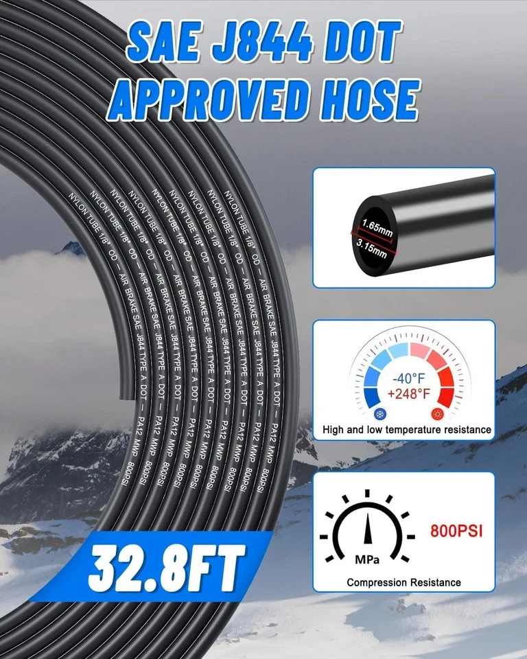 1/8″ Air Line Tubing Kit, 32.8FT(10M) SAE J844 PA Nylon Air Hose Tubing with Cut