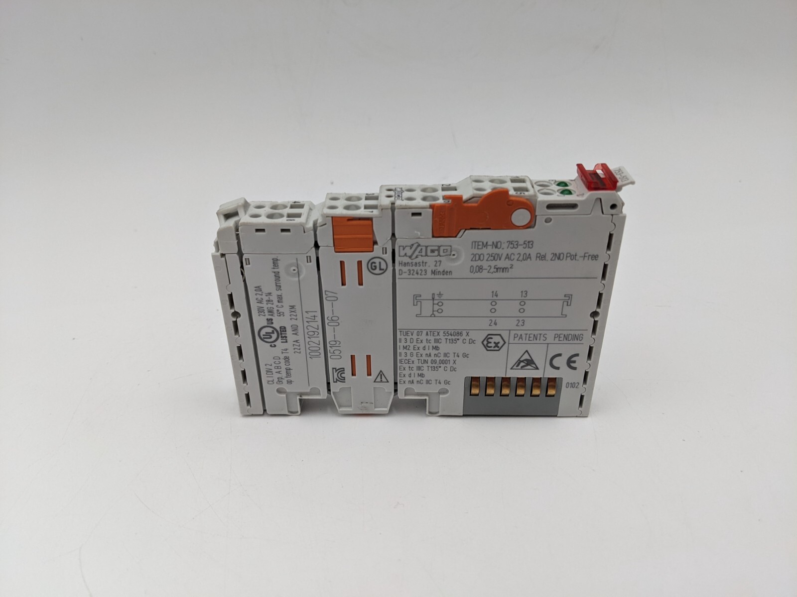 Wago 753-513 Din Rail Mount 2-Channel 2.0 AMP 250V AC Relay Output Module Used